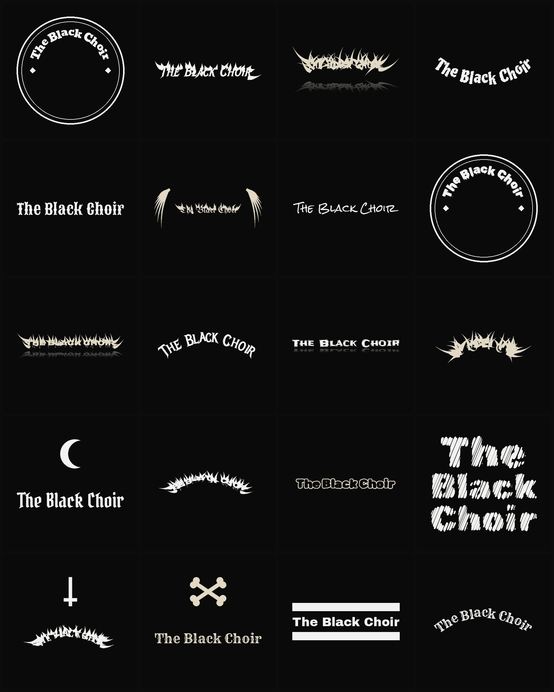 Twenty The Black Choir band logo ideas — different faces, treatments and spike settings