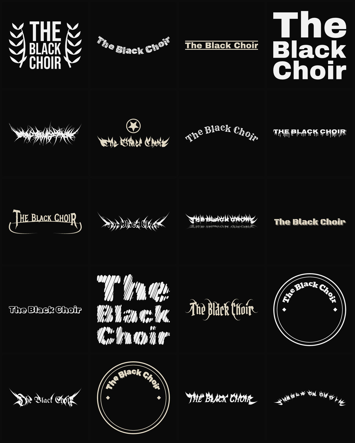 Twenty The Black Choir band logo ideas — different faces, treatments and spike settings