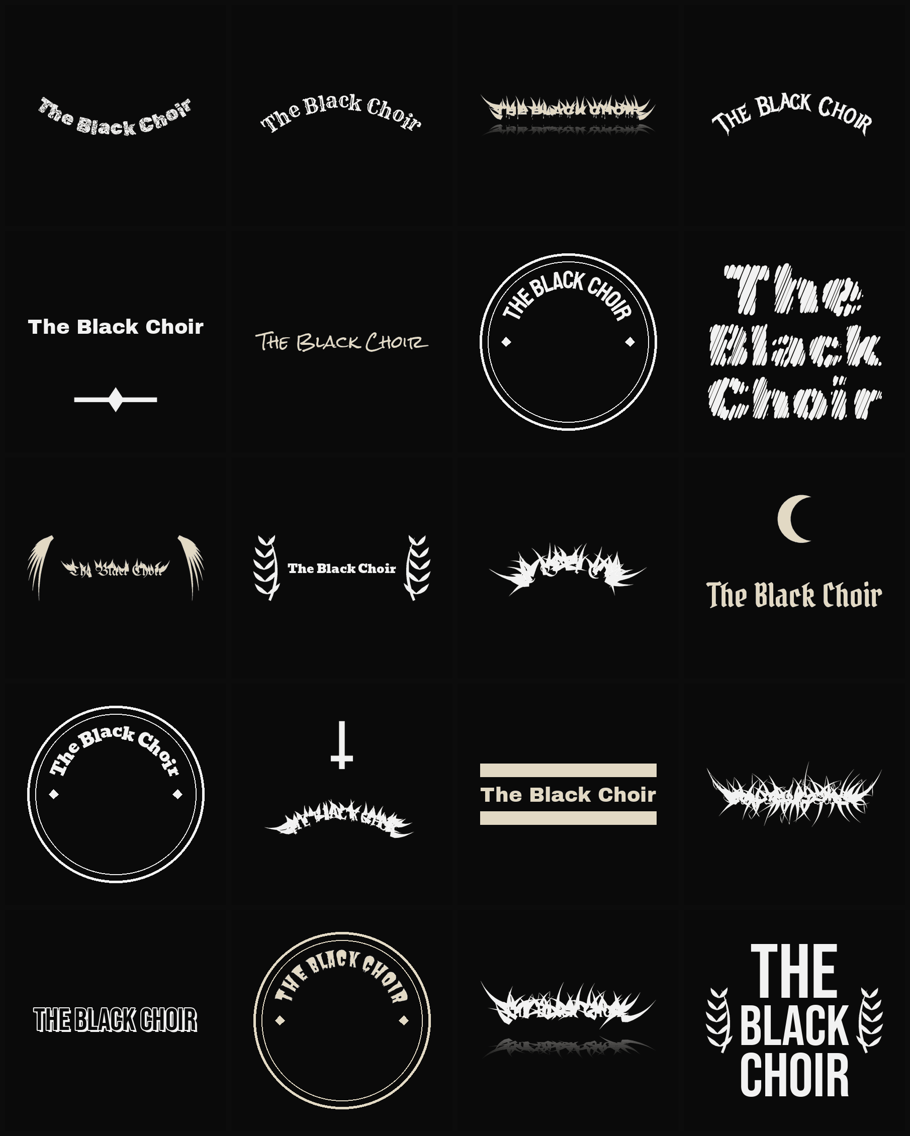 Twenty The Black Choir band logo ideas — different faces, treatments and spike settings