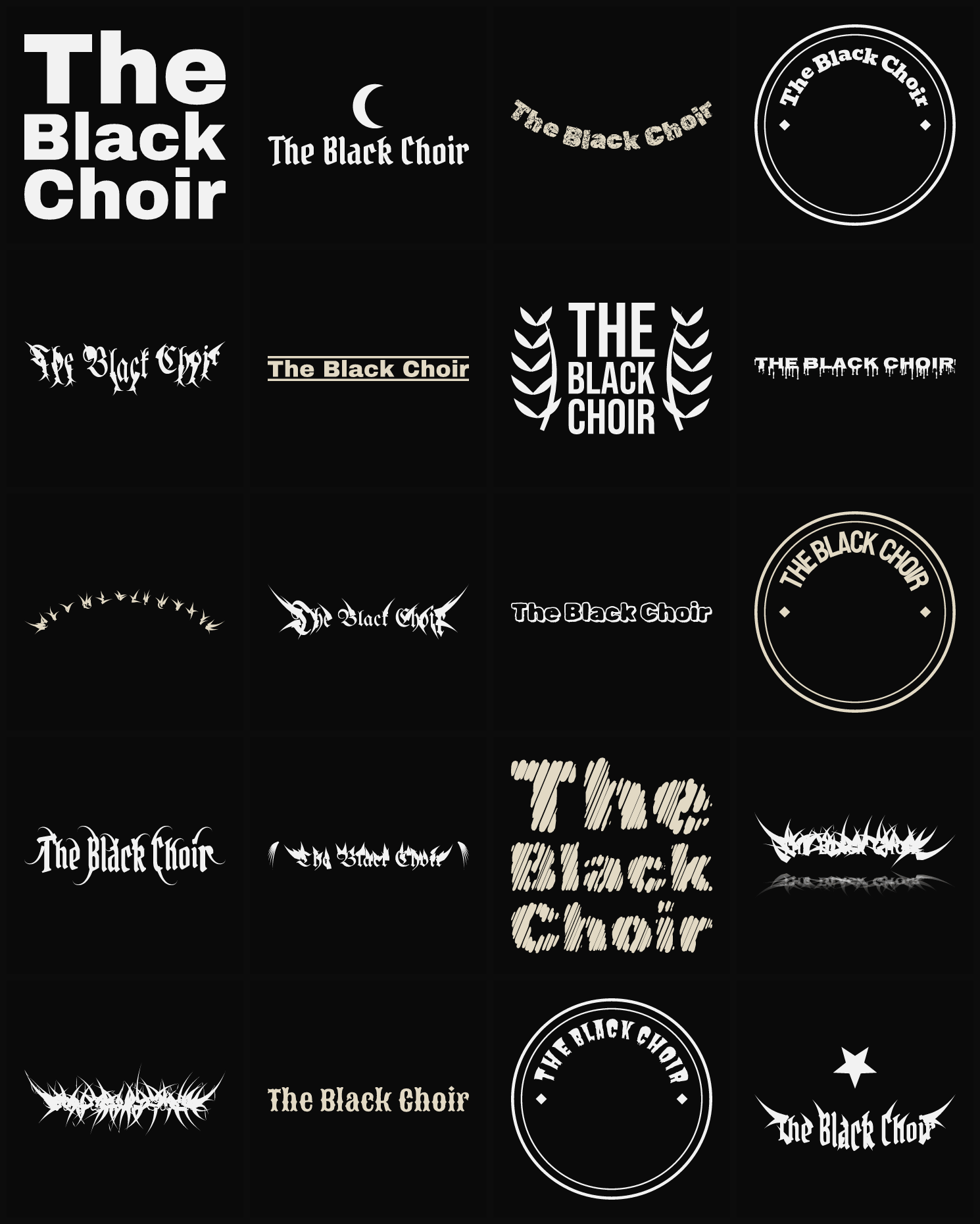 Twenty The Black Choir band logo ideas — different faces, treatments and spike settings