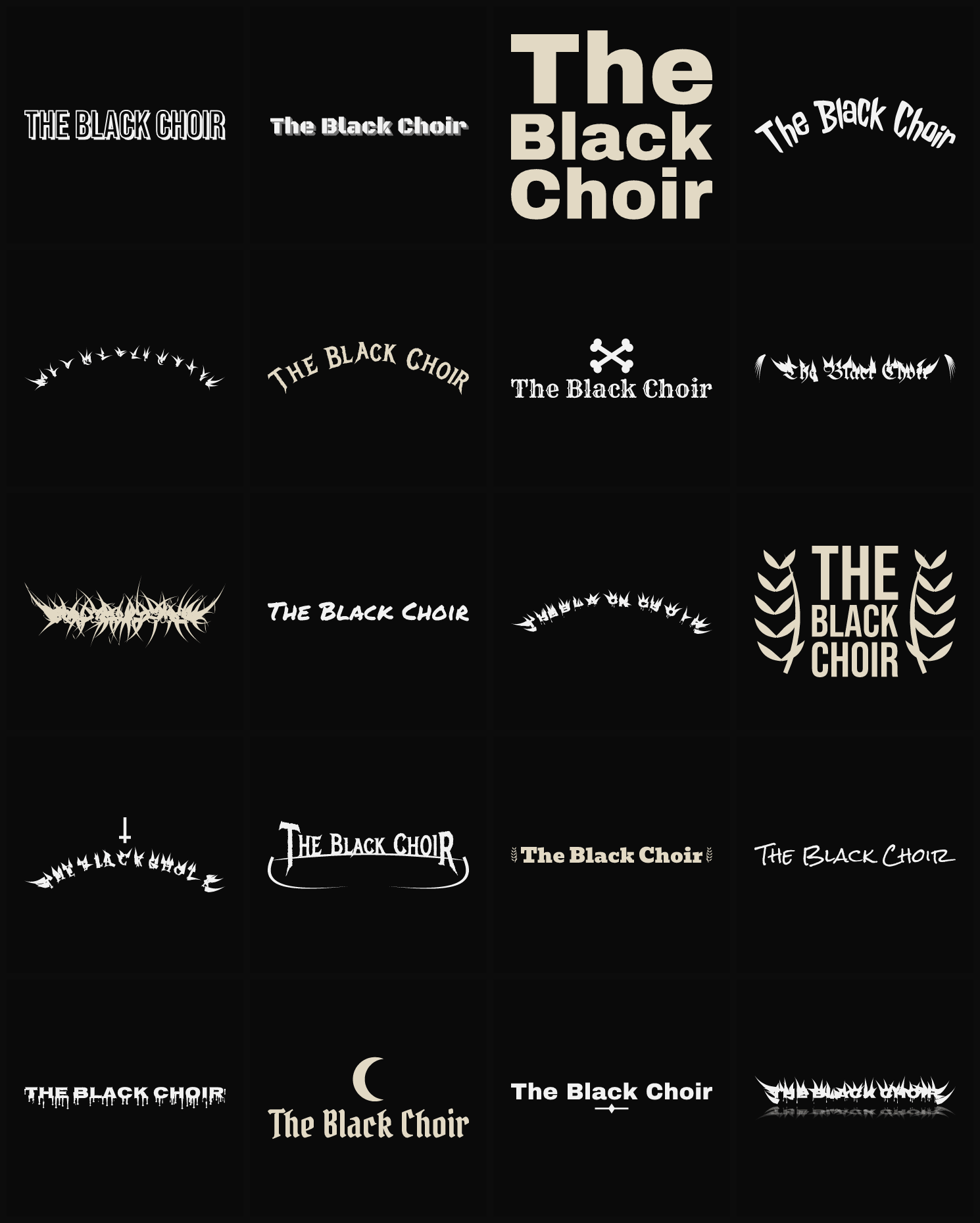 Twenty The Black Choir band logo ideas — different faces, treatments and spike settings