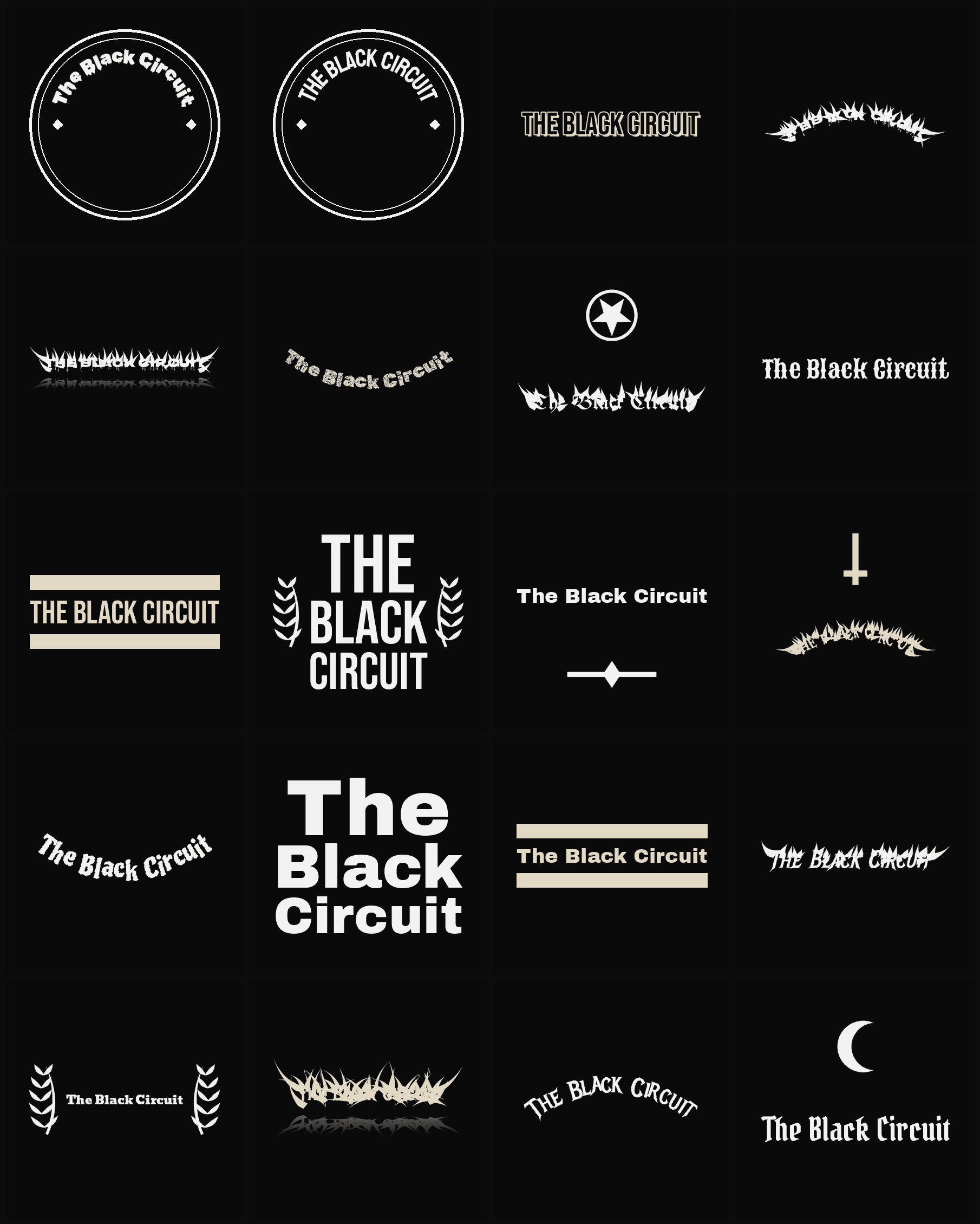 Twenty The Black Circuit band logo ideas — different faces, treatments and spike settings