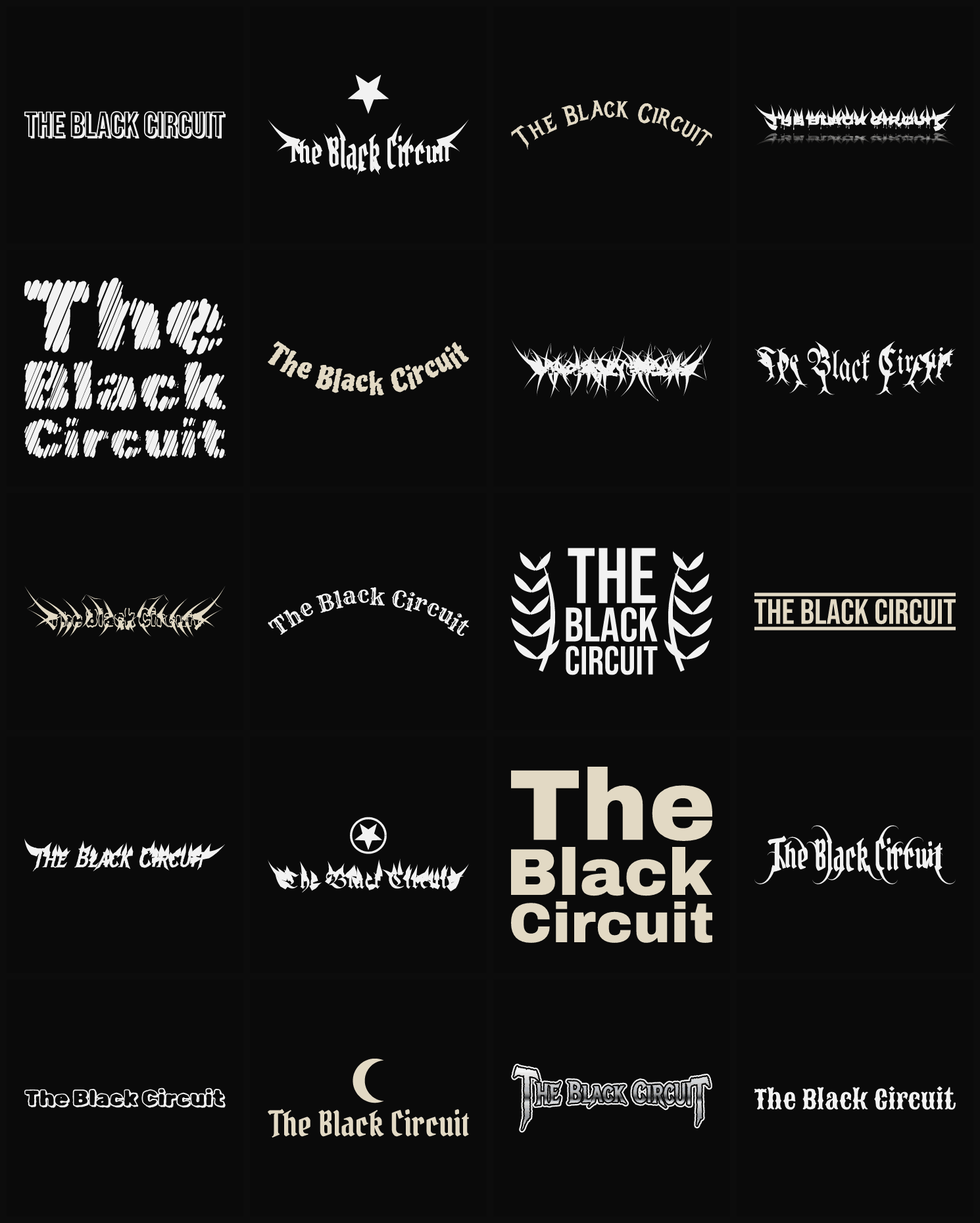Twenty The Black Circuit band logo ideas — different faces, treatments and spike settings