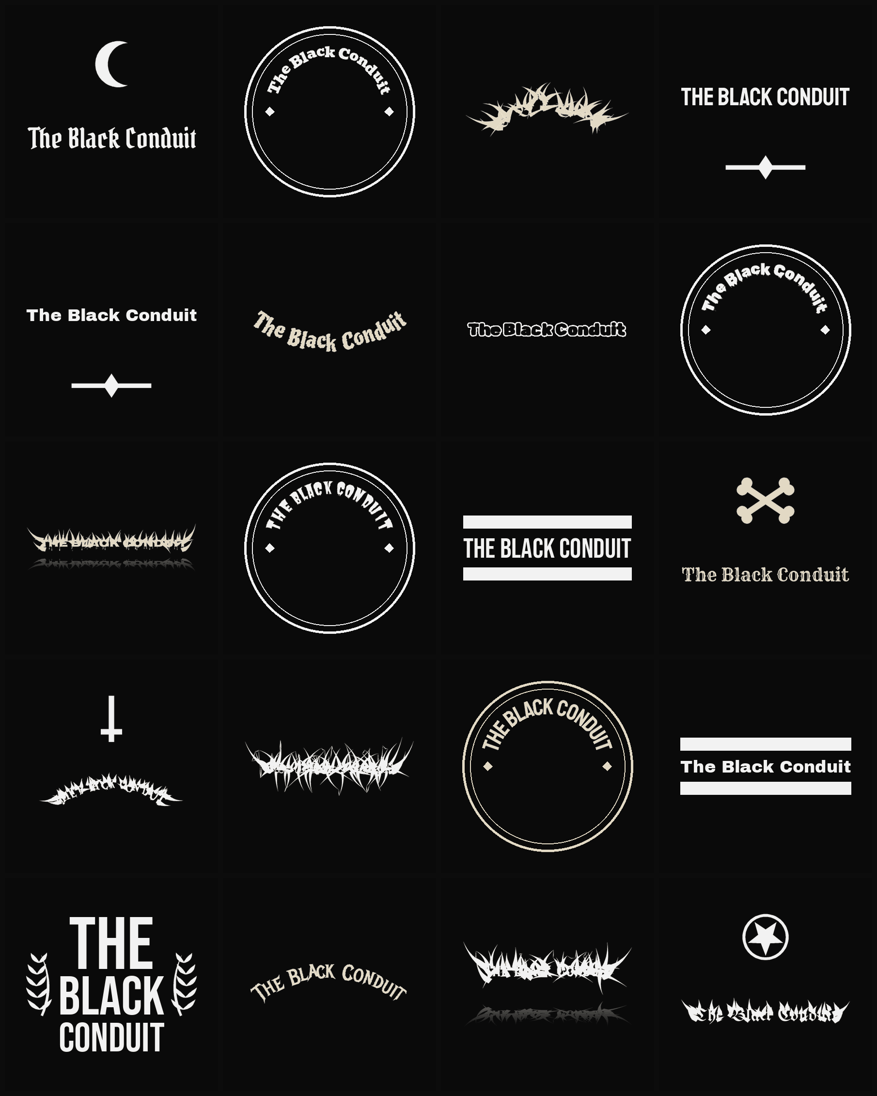 Twenty The Black Conduit band logo ideas — different faces, treatments and spike settings