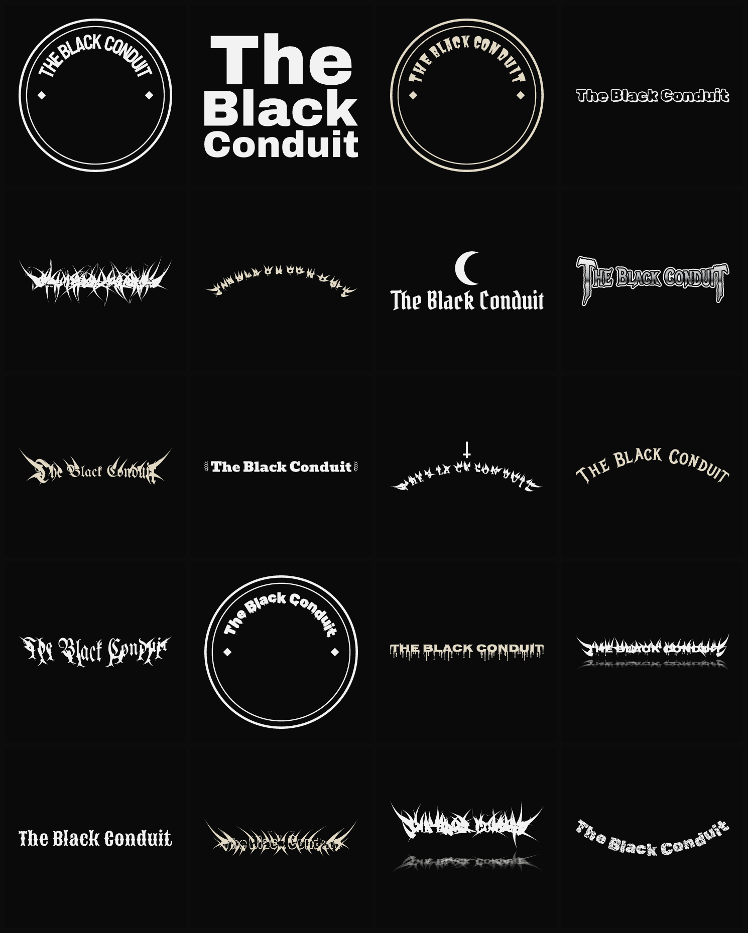 Twenty The Black Conduit band logo ideas — different faces, treatments and spike settings