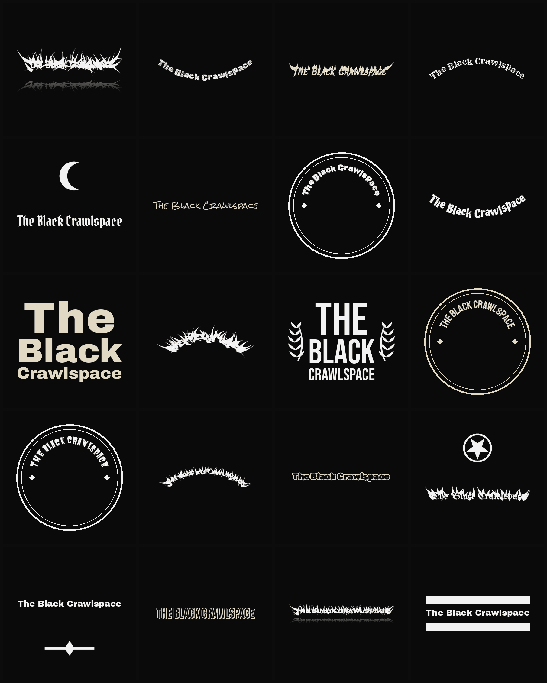 Twenty The Black Crawlspace band logo ideas — different faces, treatments and spike settings