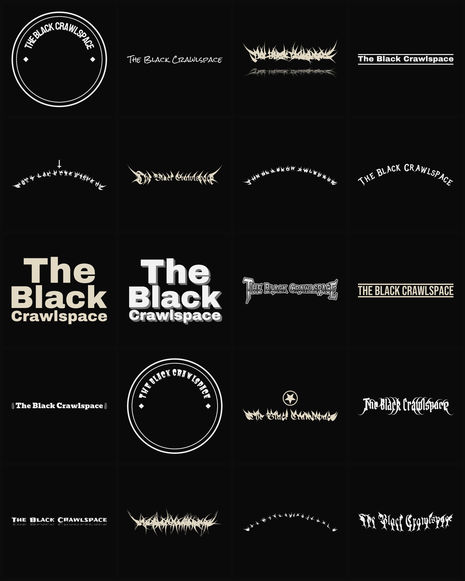 Twenty The Black Crawlspace band logo ideas — different faces, treatments and spike settings