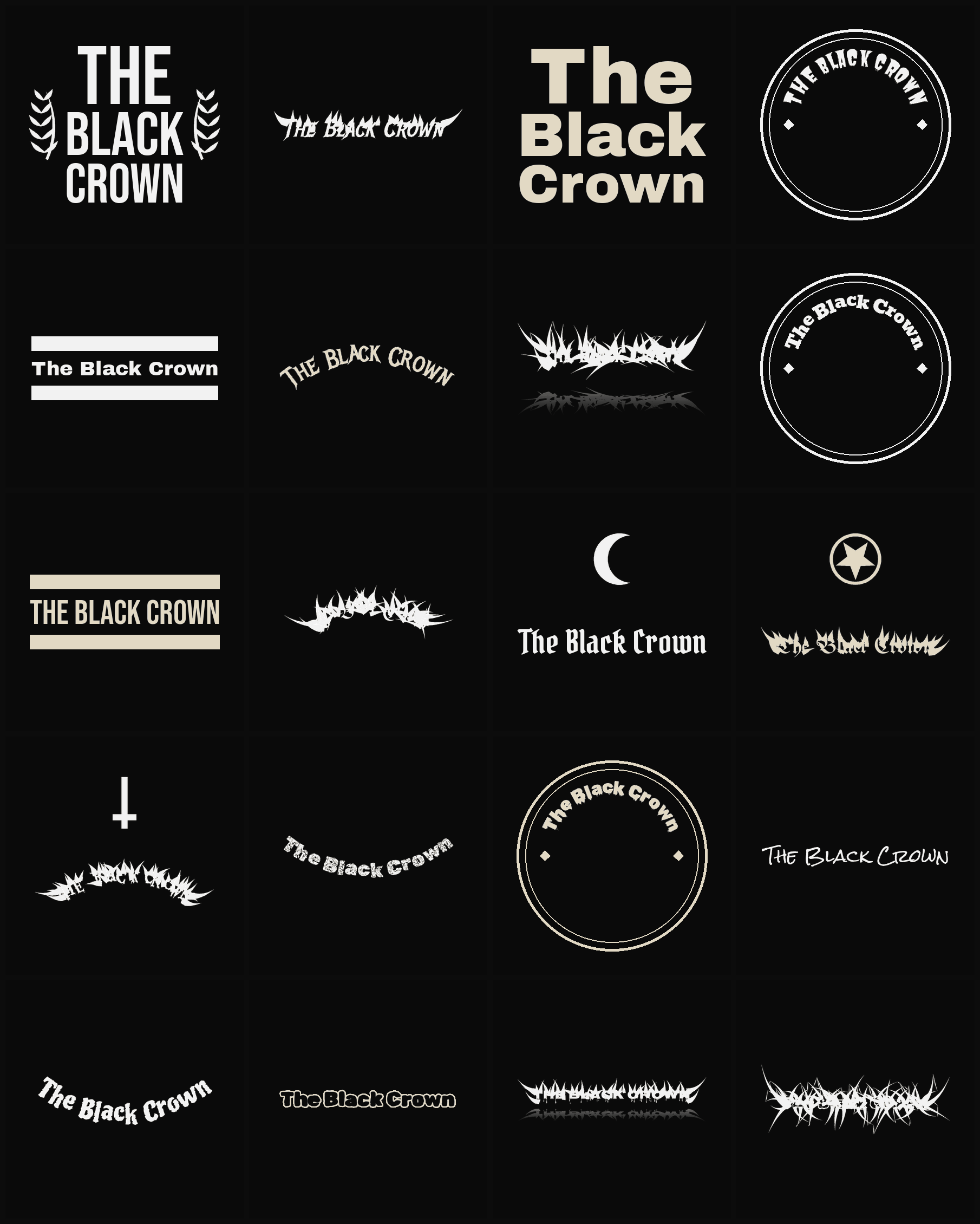 Twenty The Black Crown band logo ideas — different faces, treatments and spike settings
