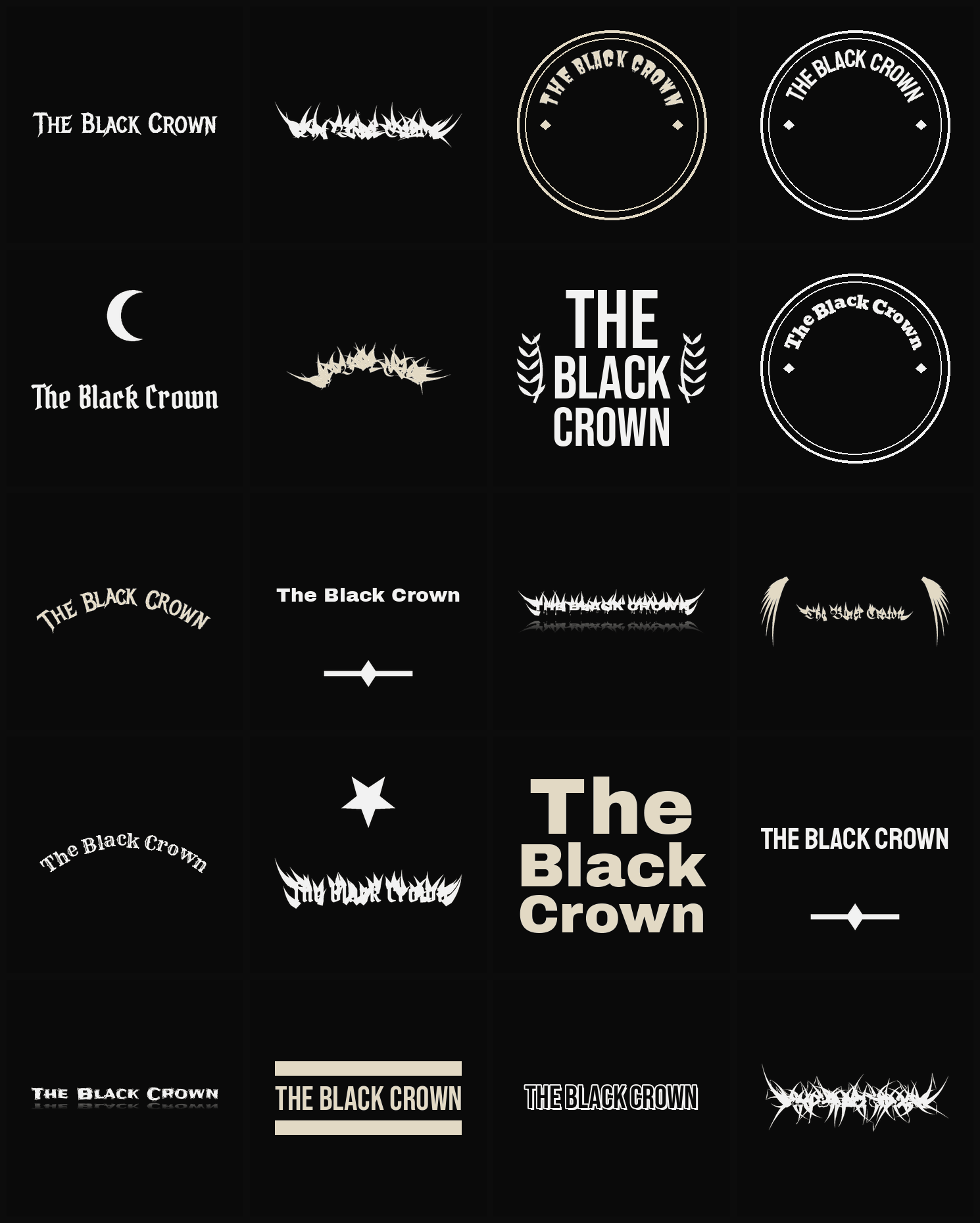 Twenty The Black Crown band logo ideas — different faces, treatments and spike settings