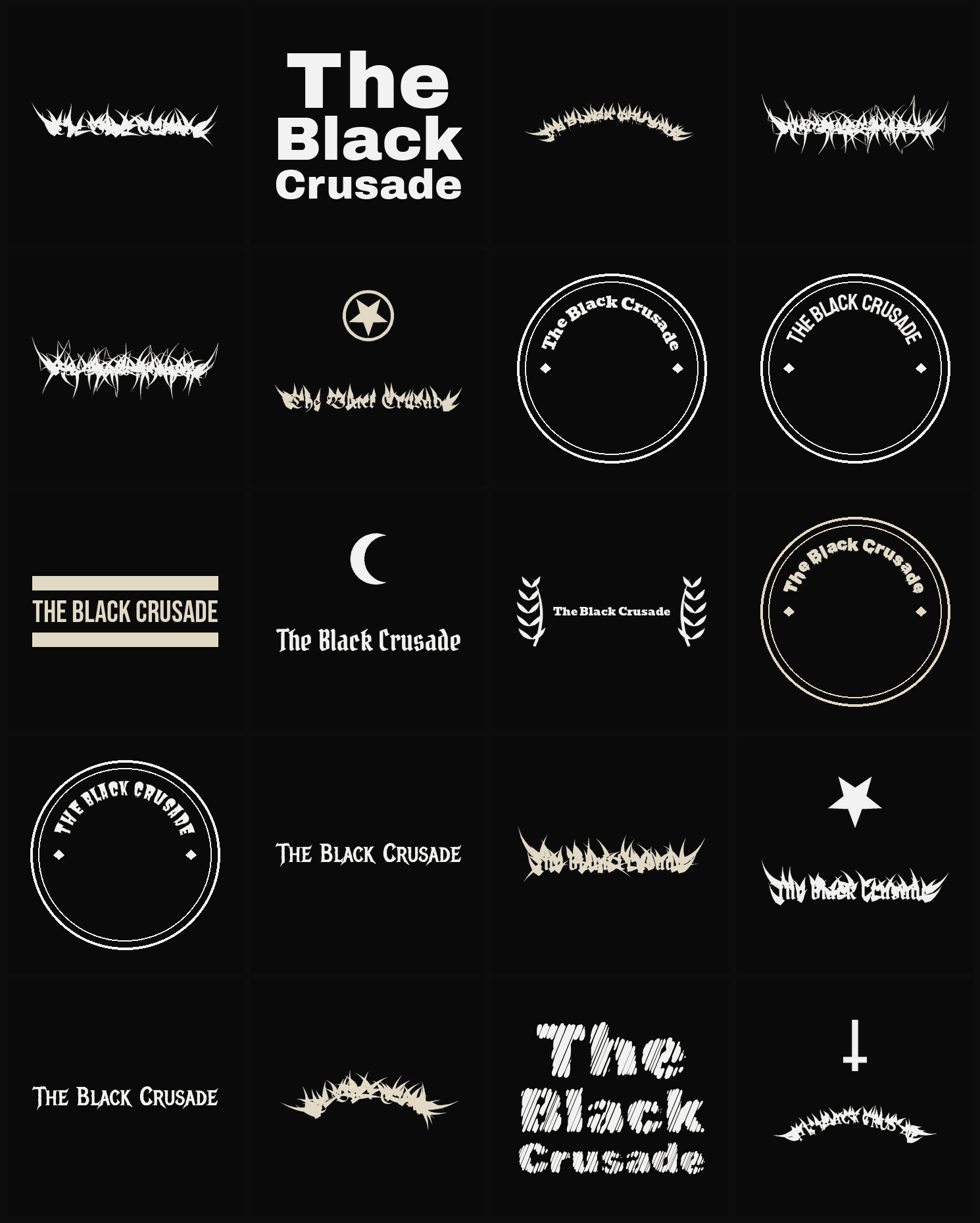 Twenty The Black Crusade band logo ideas — different faces, treatments and spike settings