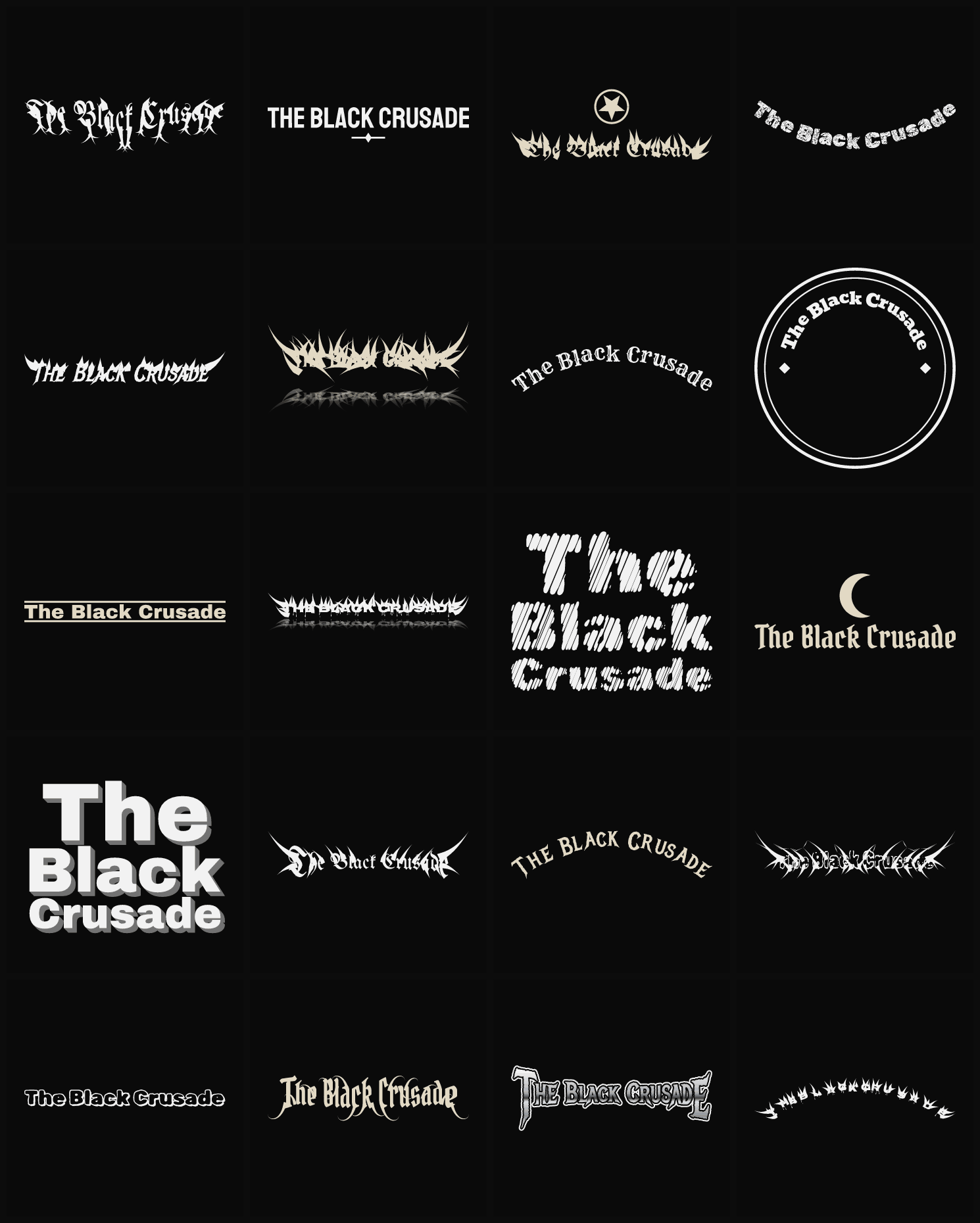 Twenty The Black Crusade band logo ideas — different faces, treatments and spike settings