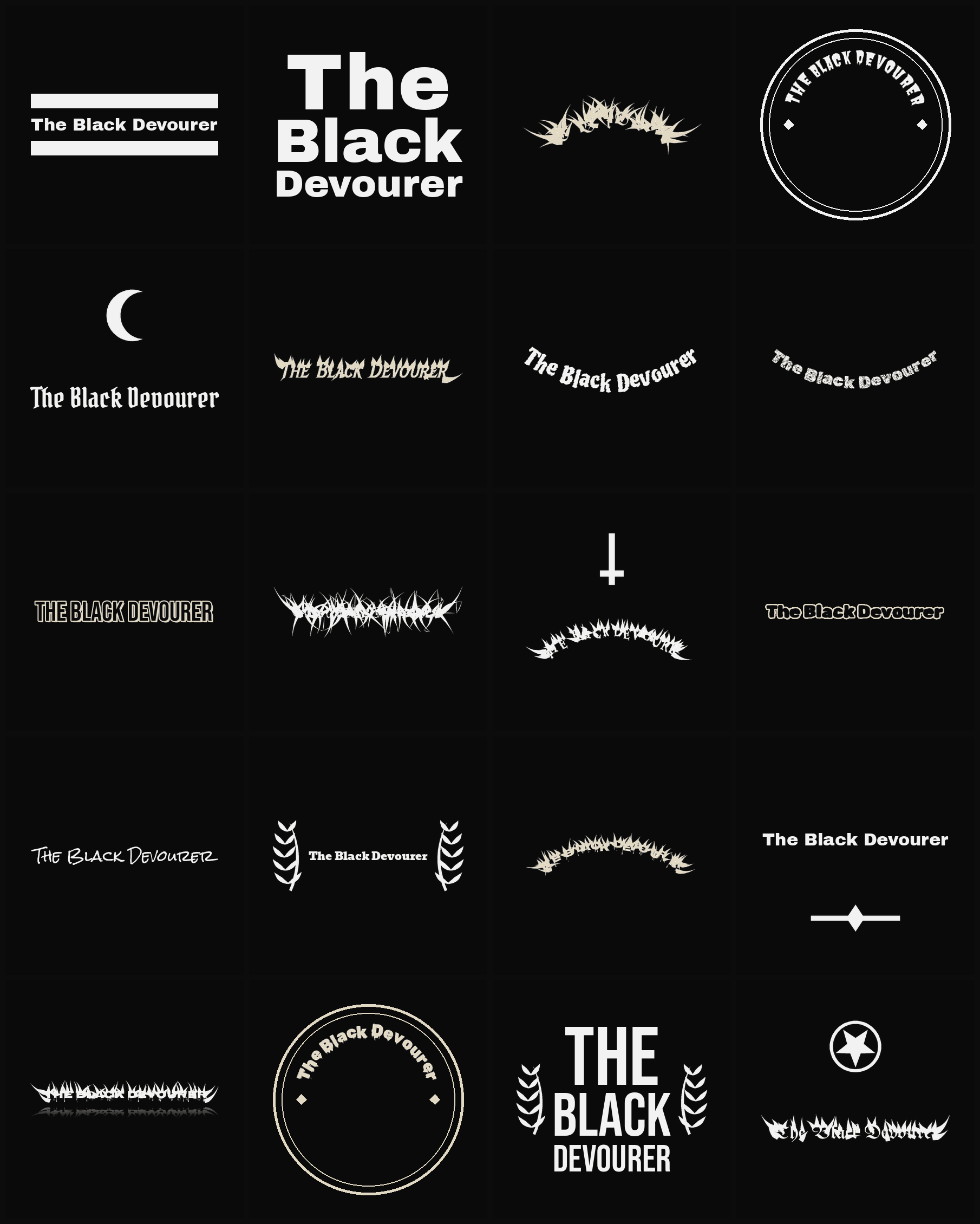 Twenty The Black Devourer band logo ideas — different faces, treatments and spike settings