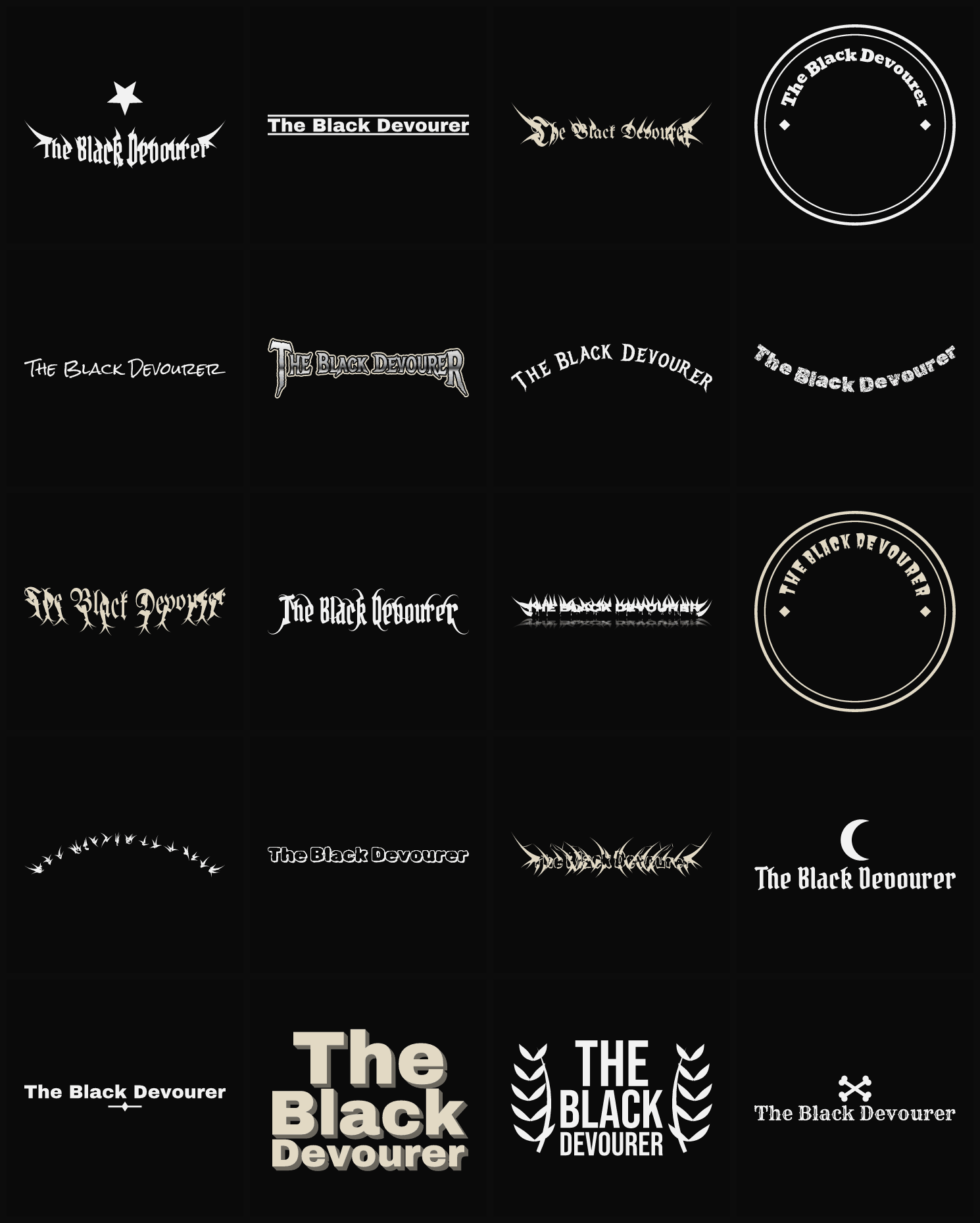 Twenty The Black Devourer band logo ideas — different faces, treatments and spike settings