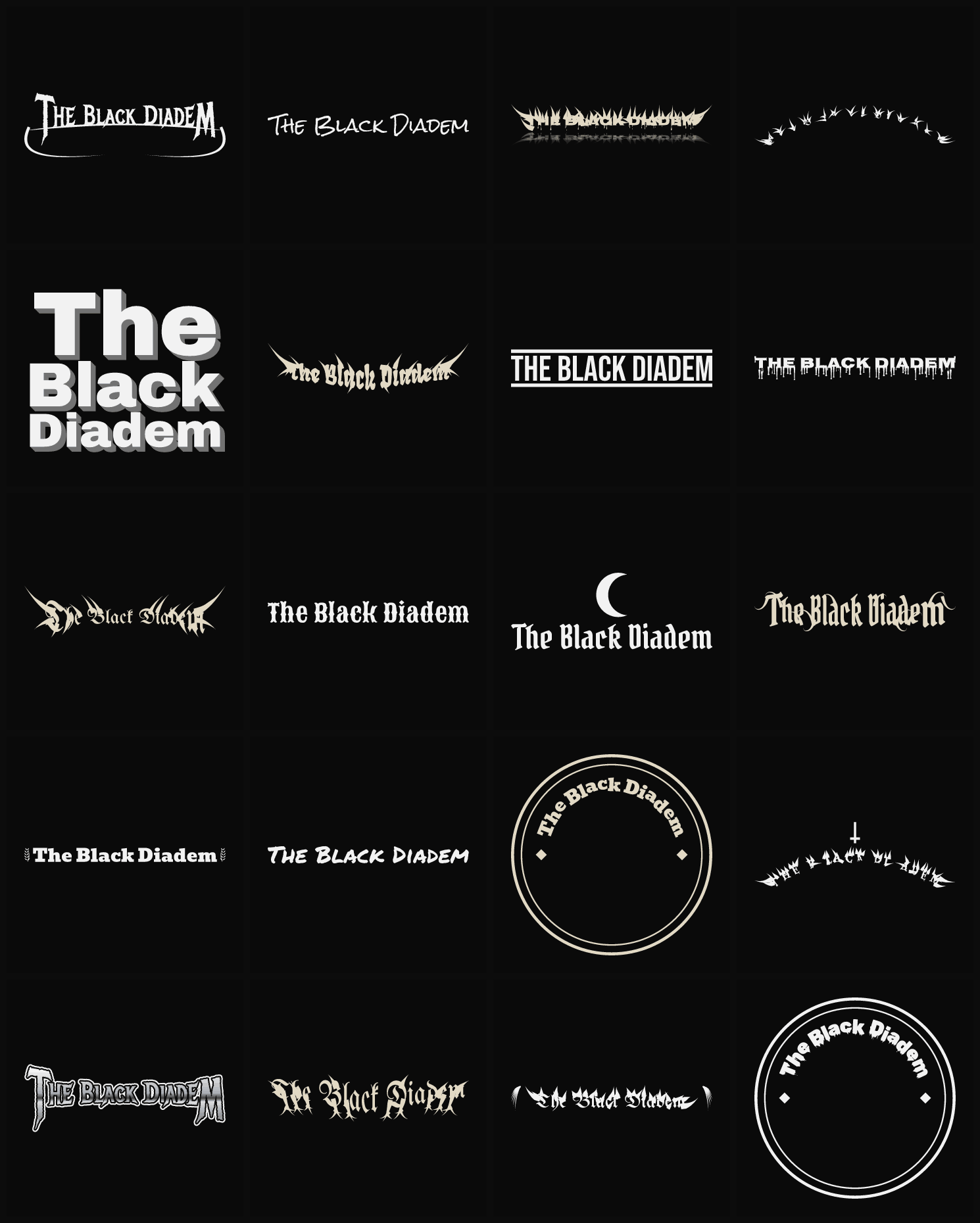 Twenty The Black Diadem band logo ideas — different faces, treatments and spike settings
