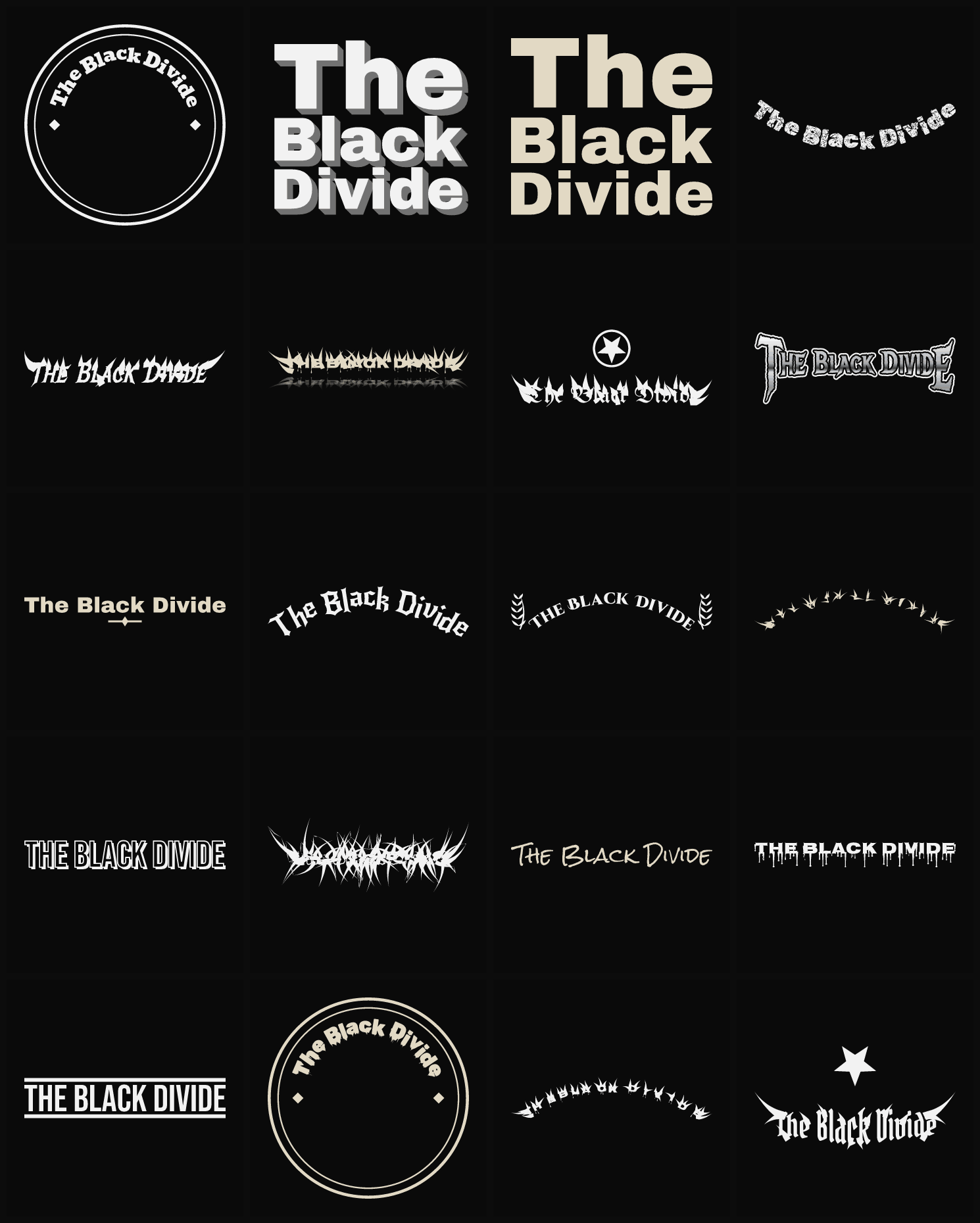 Twenty The Black Divide band logo ideas — different faces, treatments and spike settings