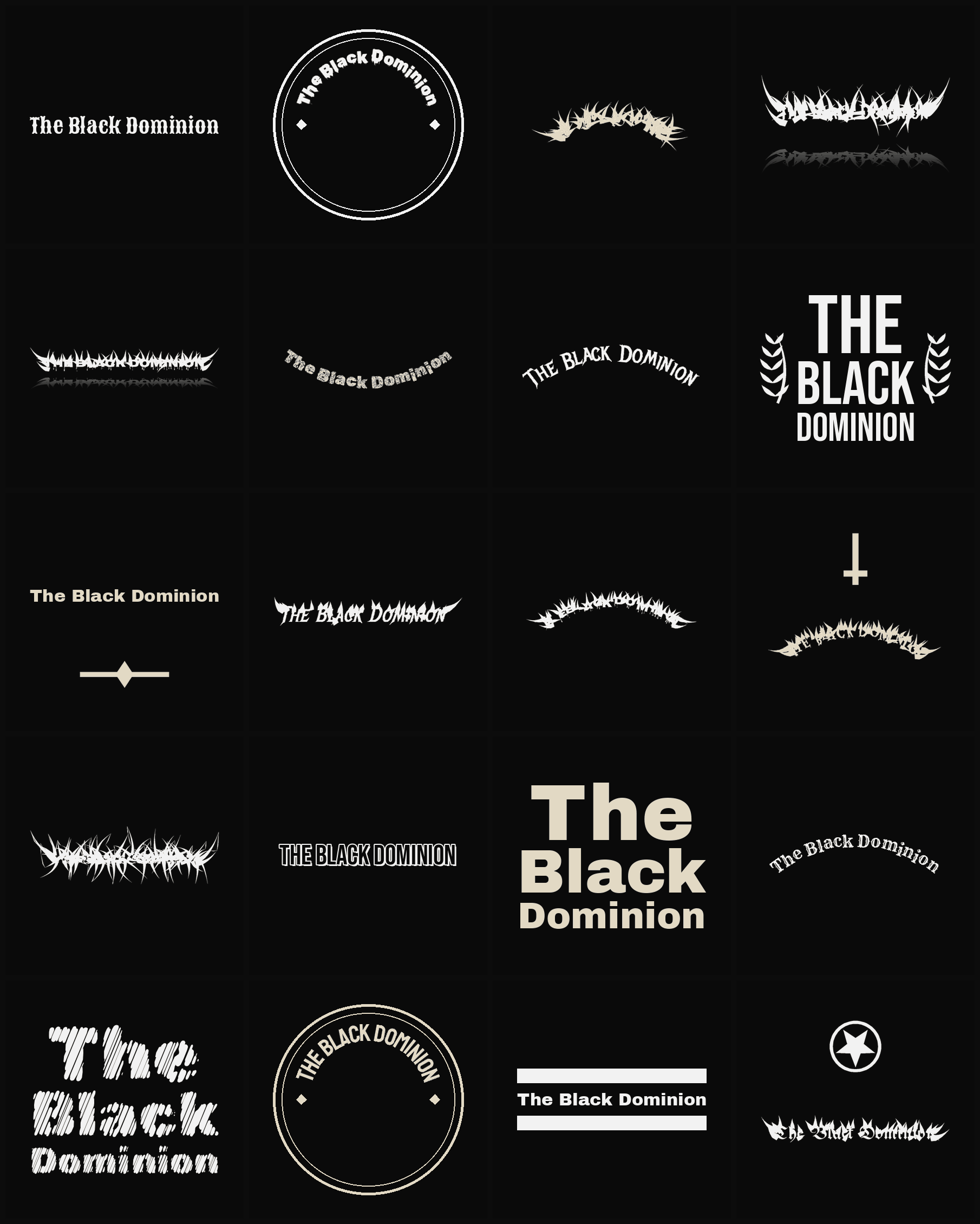 Twenty The Black Dominion band logo ideas — different faces, treatments and spike settings