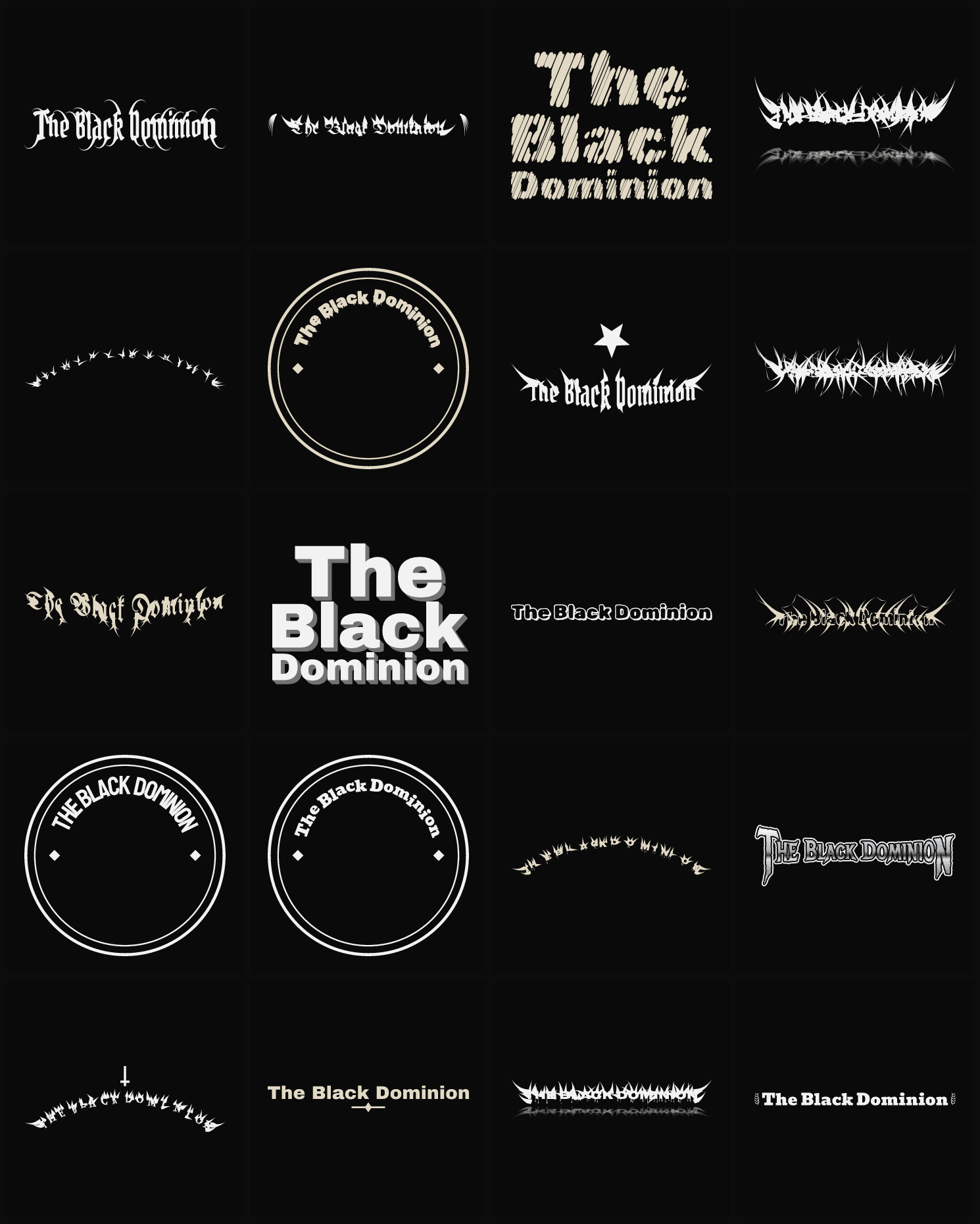 Twenty The Black Dominion band logo ideas — different faces, treatments and spike settings