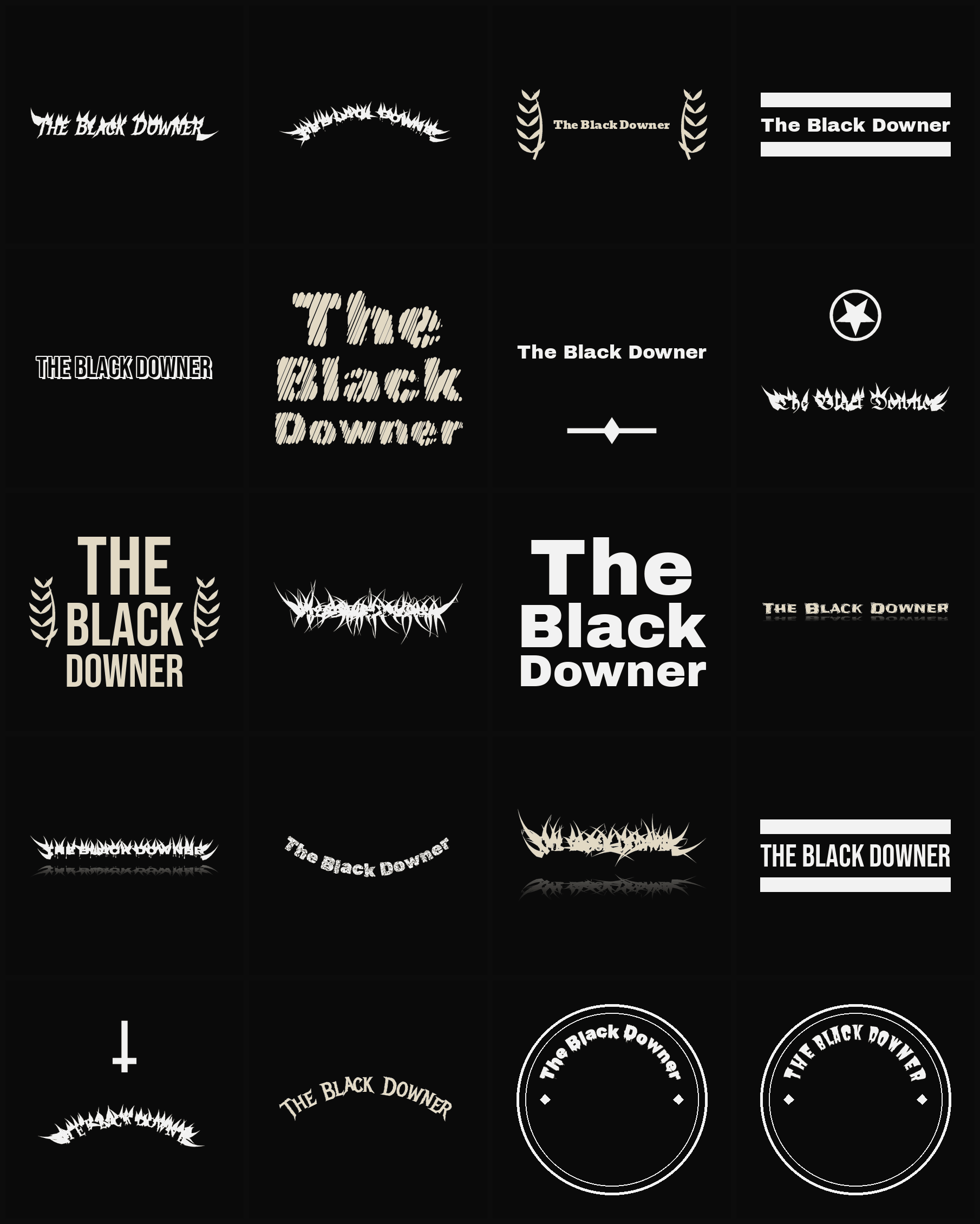 Twenty The Black Downer band logo ideas — different faces, treatments and spike settings