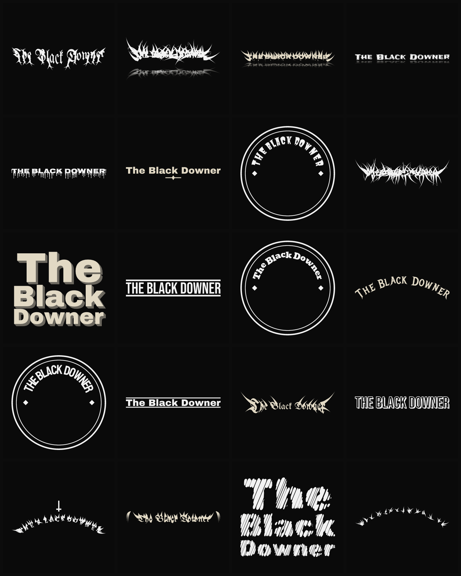 Twenty The Black Downer band logo ideas — different faces, treatments and spike settings