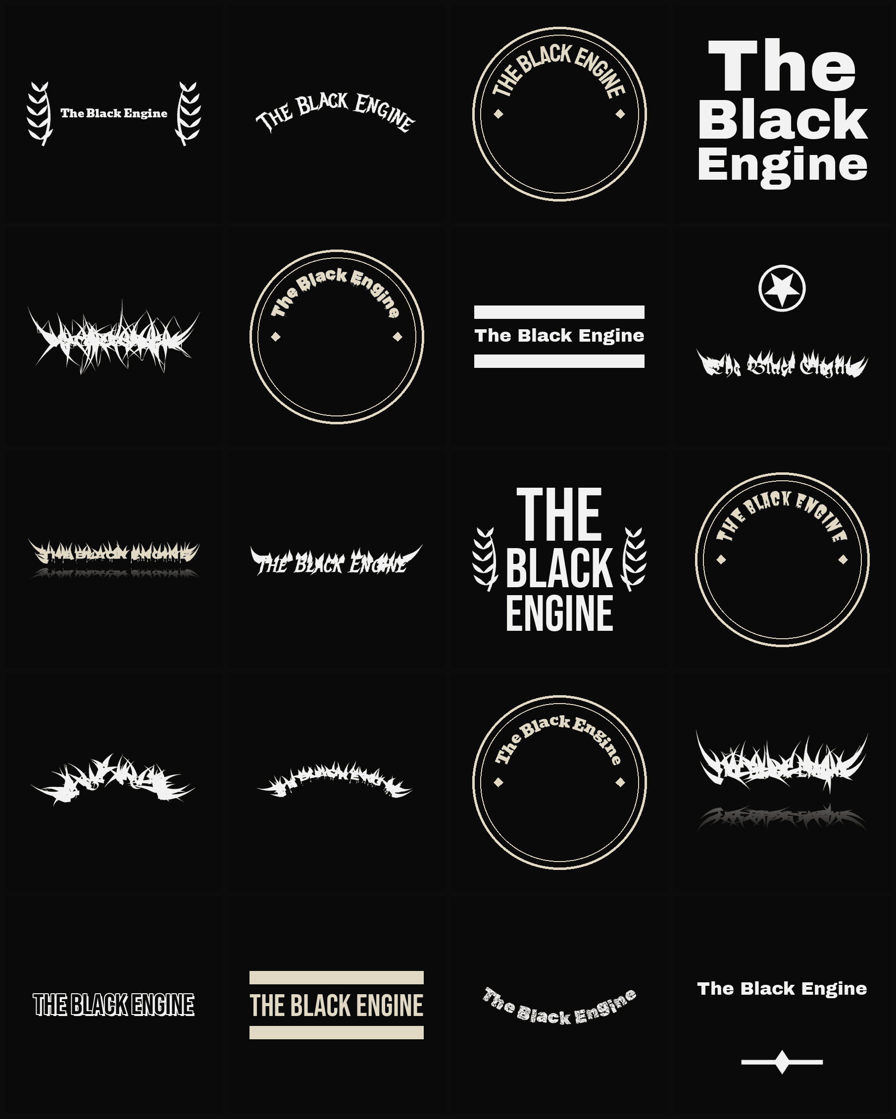 Twenty The Black Engine band logo ideas — different faces, treatments and spike settings