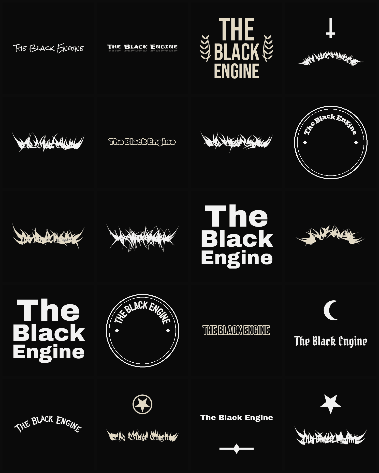 Twenty The Black Engine band logo ideas — different faces, treatments and spike settings