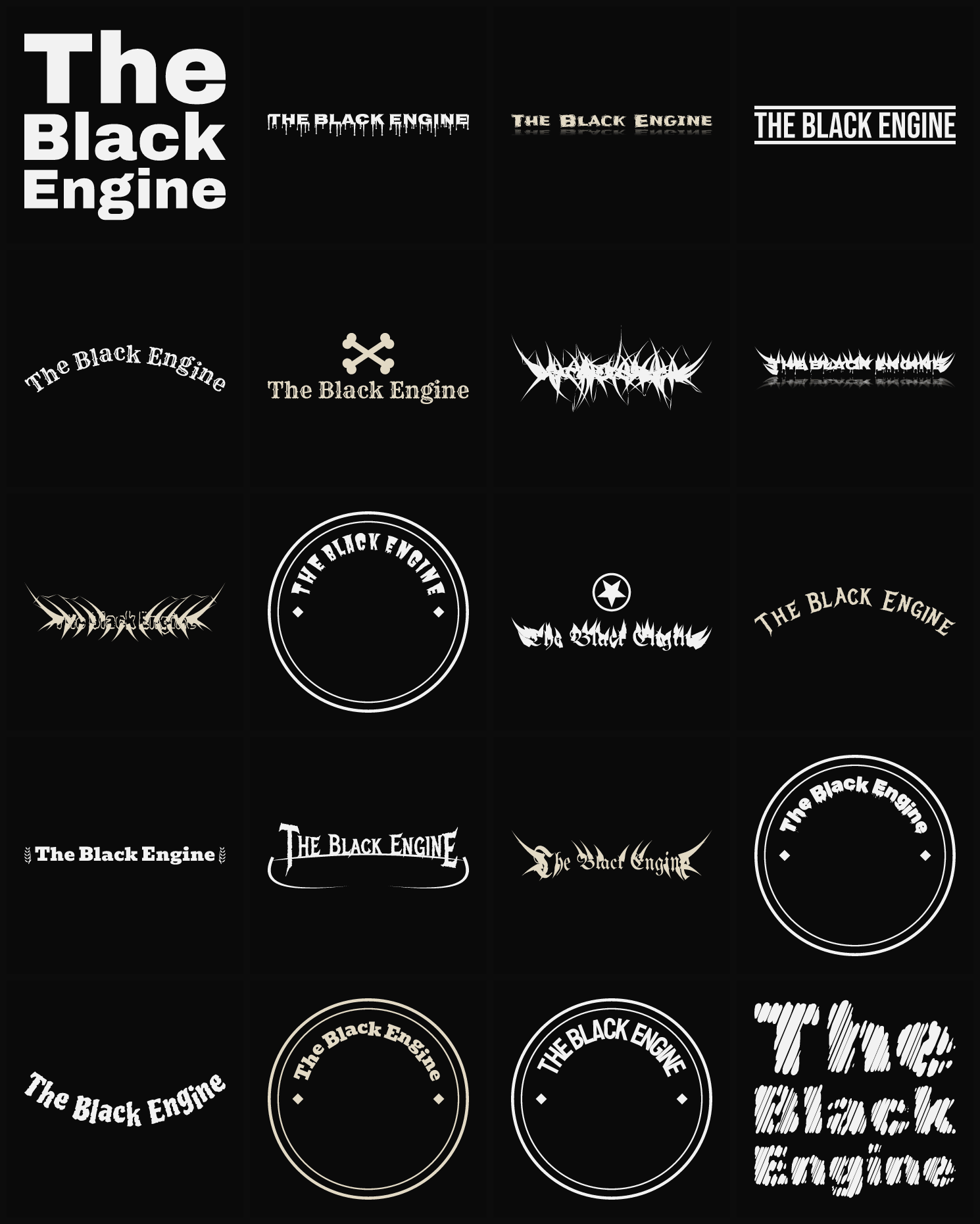 Twenty The Black Engine band logo ideas — different faces, treatments and spike settings