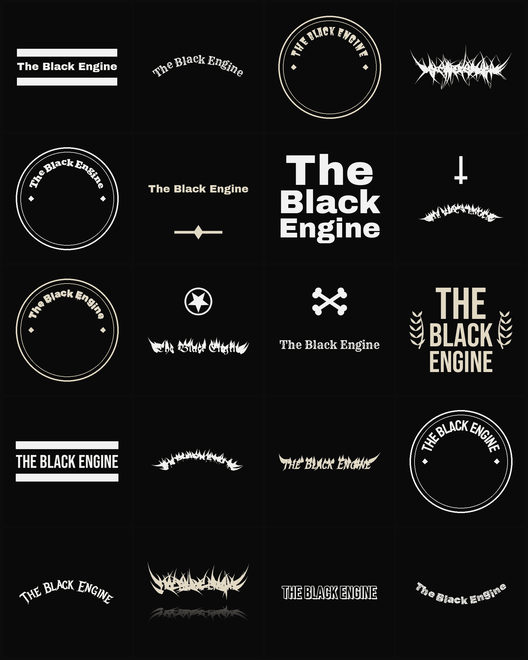 Twenty The Black Engine band logo ideas — different faces, treatments and spike settings