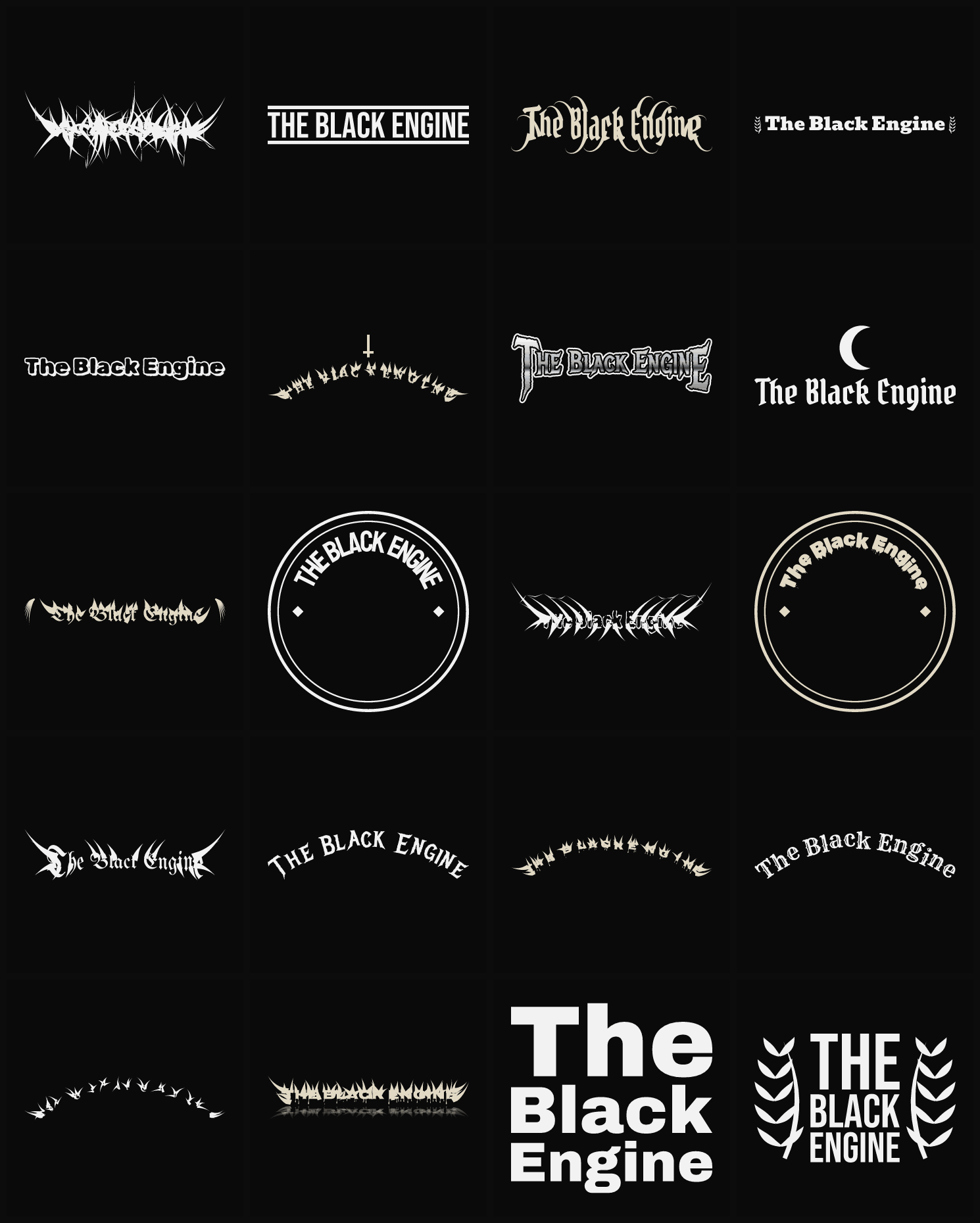 Twenty The Black Engine band logo ideas — different faces, treatments and spike settings