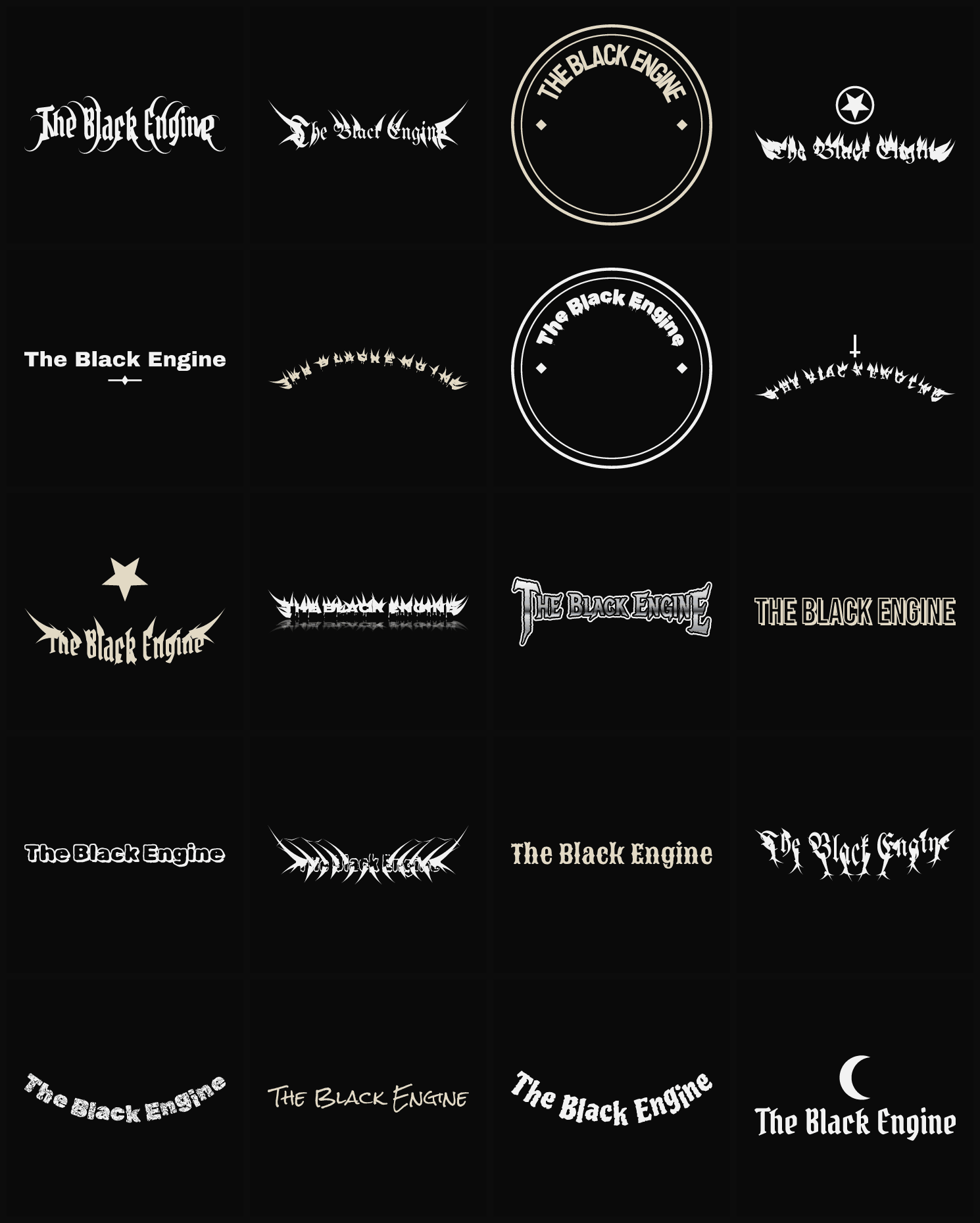Twenty The Black Engine band logo ideas — different faces, treatments and spike settings