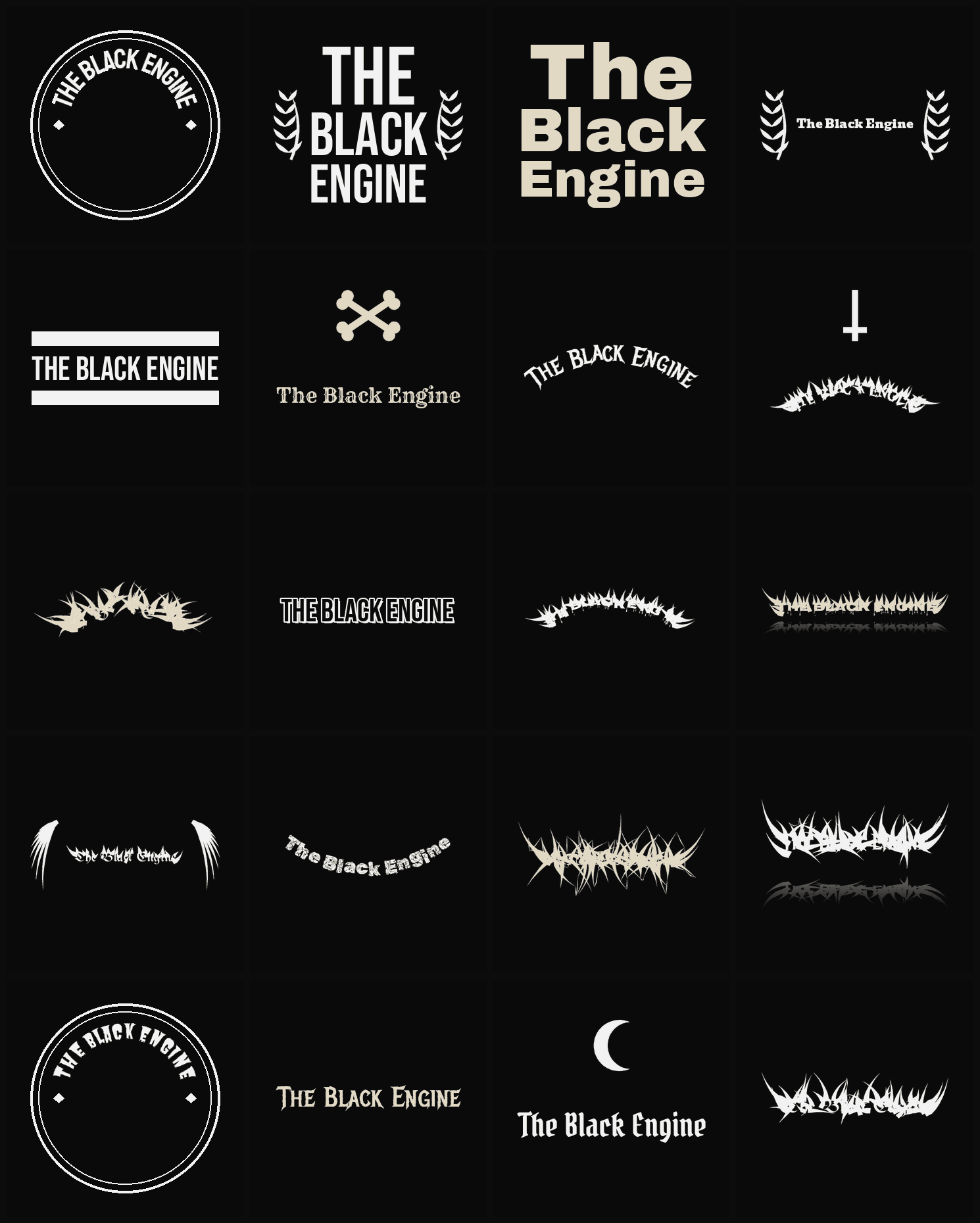Twenty The Black Engine band logo ideas — different faces, treatments and spike settings
