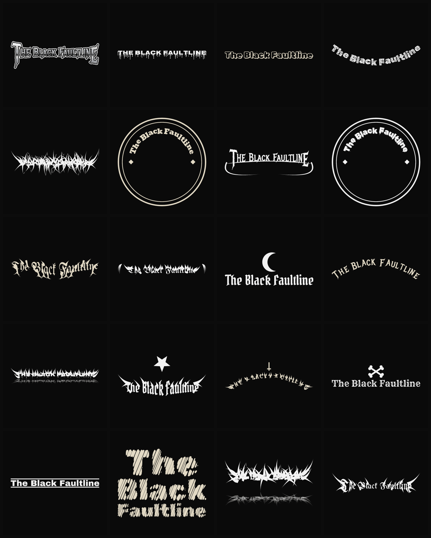 Twenty The Black Faultline band logo ideas — different faces, treatments and spike settings