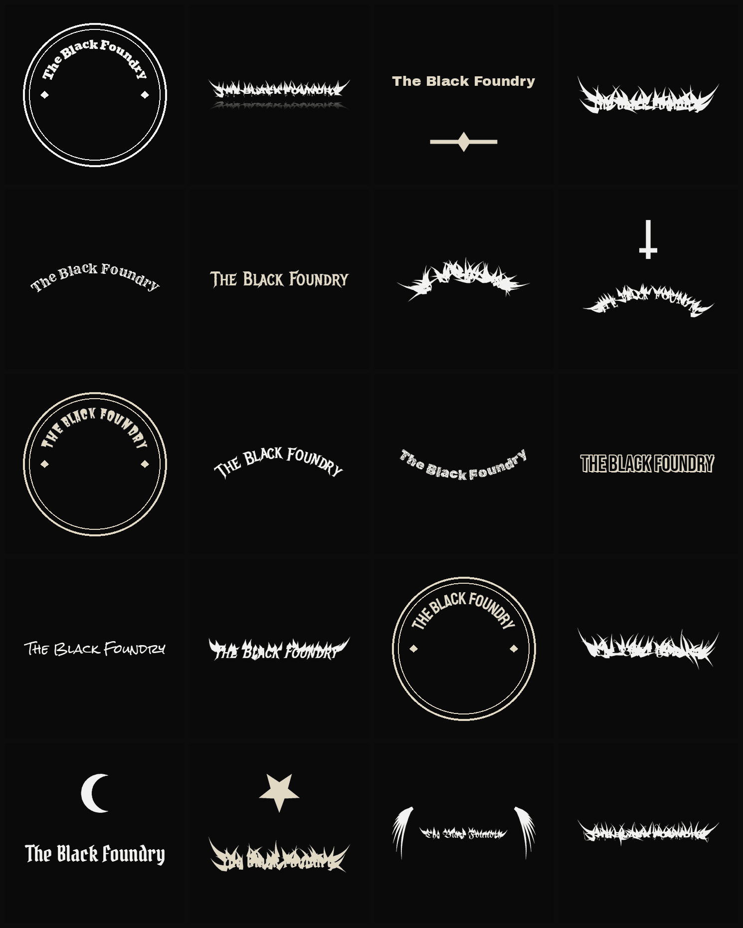 Twenty The Black Foundry band logo ideas — different faces, treatments and spike settings