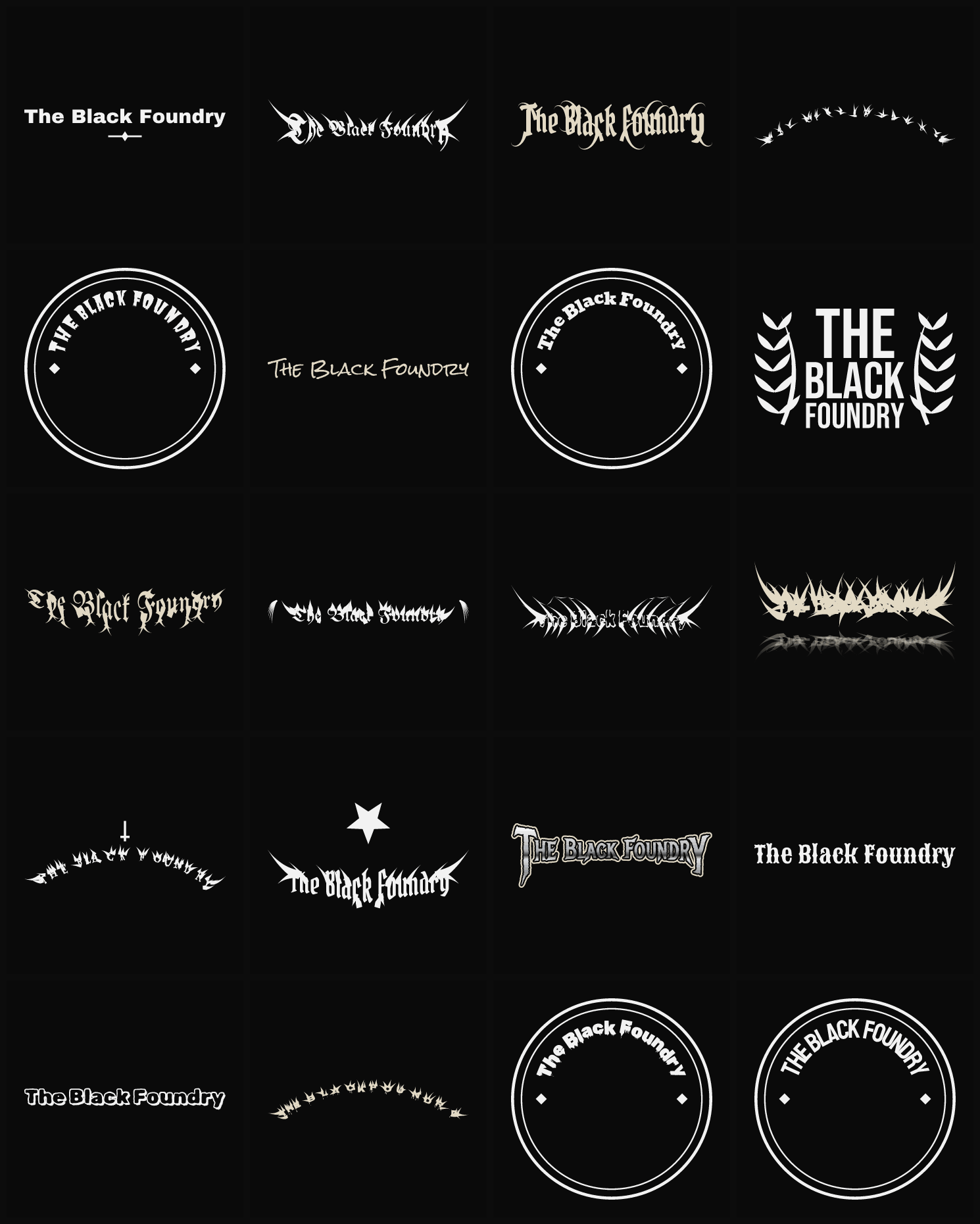Twenty The Black Foundry band logo ideas — different faces, treatments and spike settings