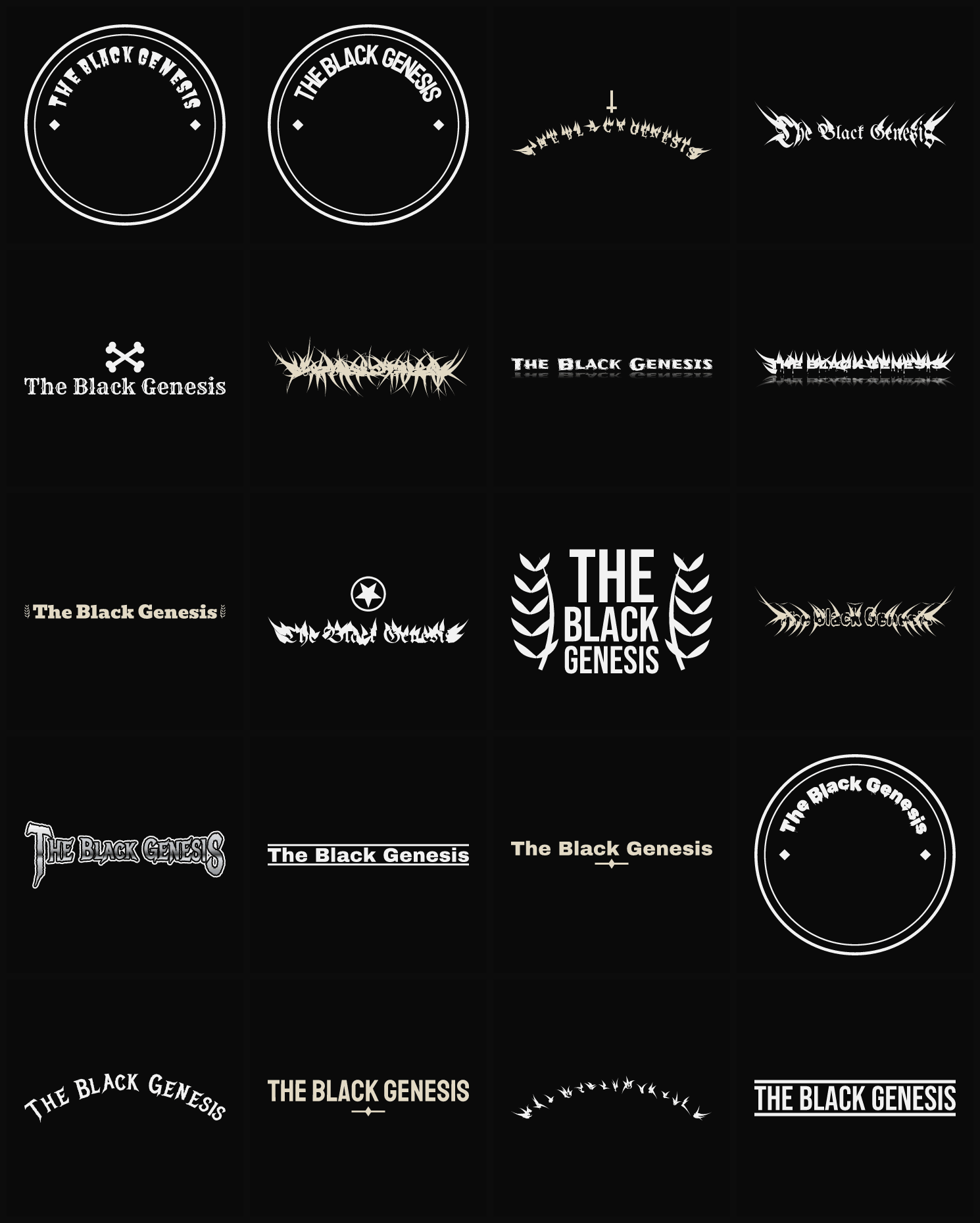Twenty The Black Genesis band logo ideas — different faces, treatments and spike settings