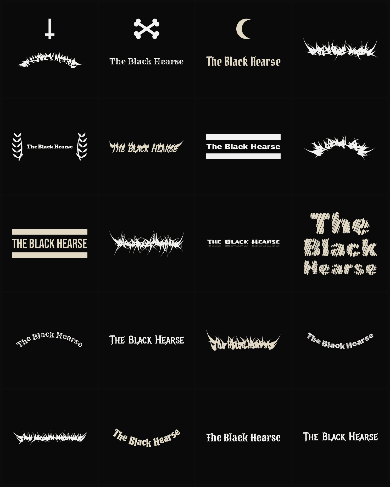 Twenty The Black Hearse band logo ideas — different faces, treatments and spike settings