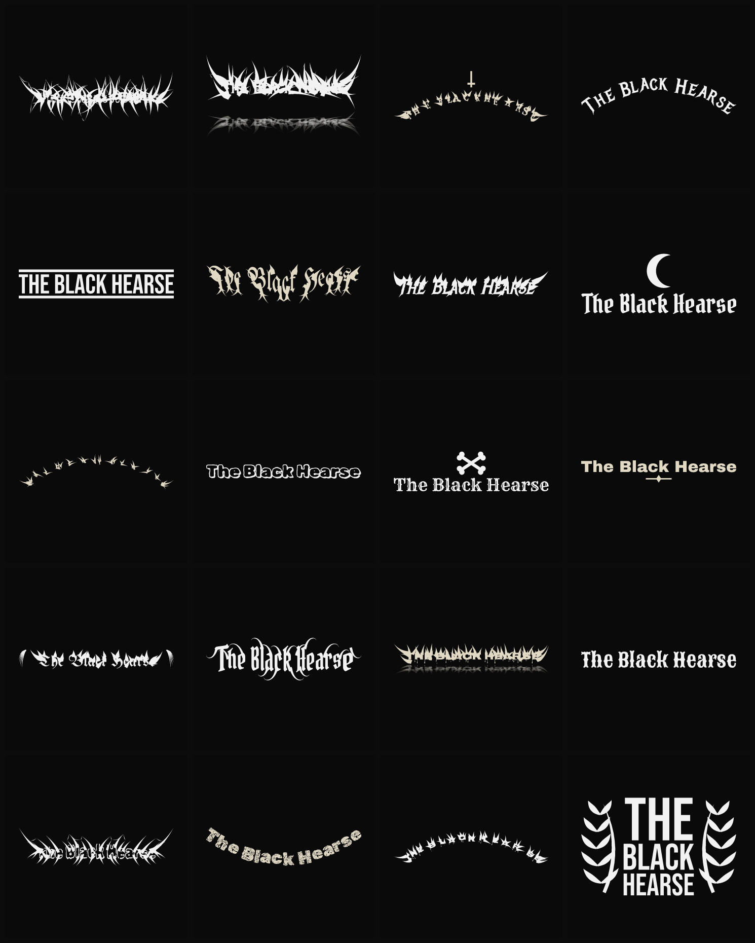 Twenty The Black Hearse band logo ideas — different faces, treatments and spike settings