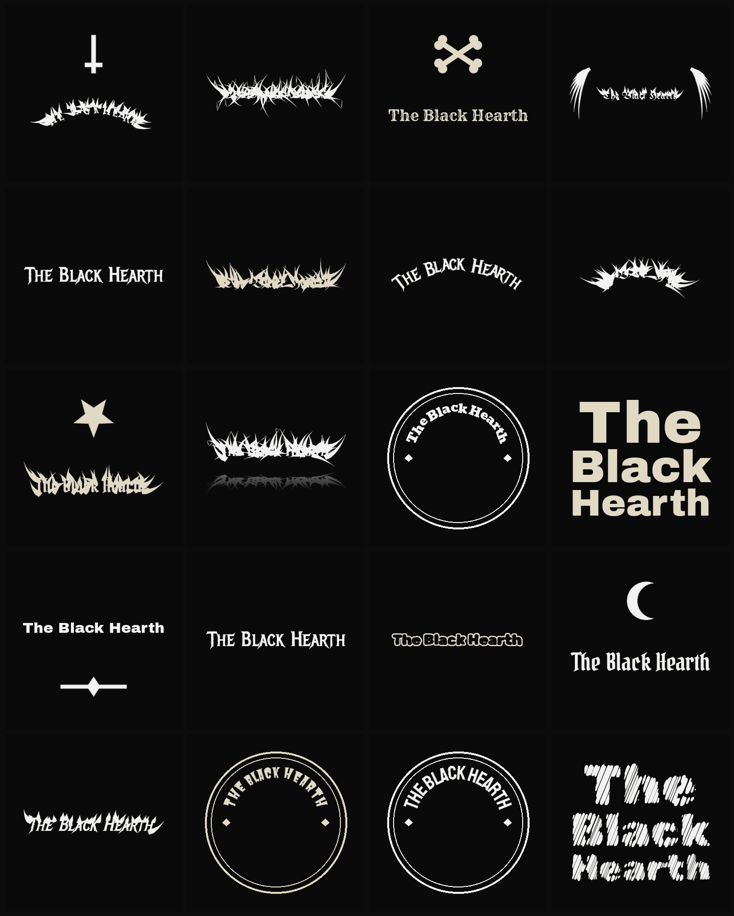 Twenty The Black Hearth band logo ideas — different faces, treatments and spike settings