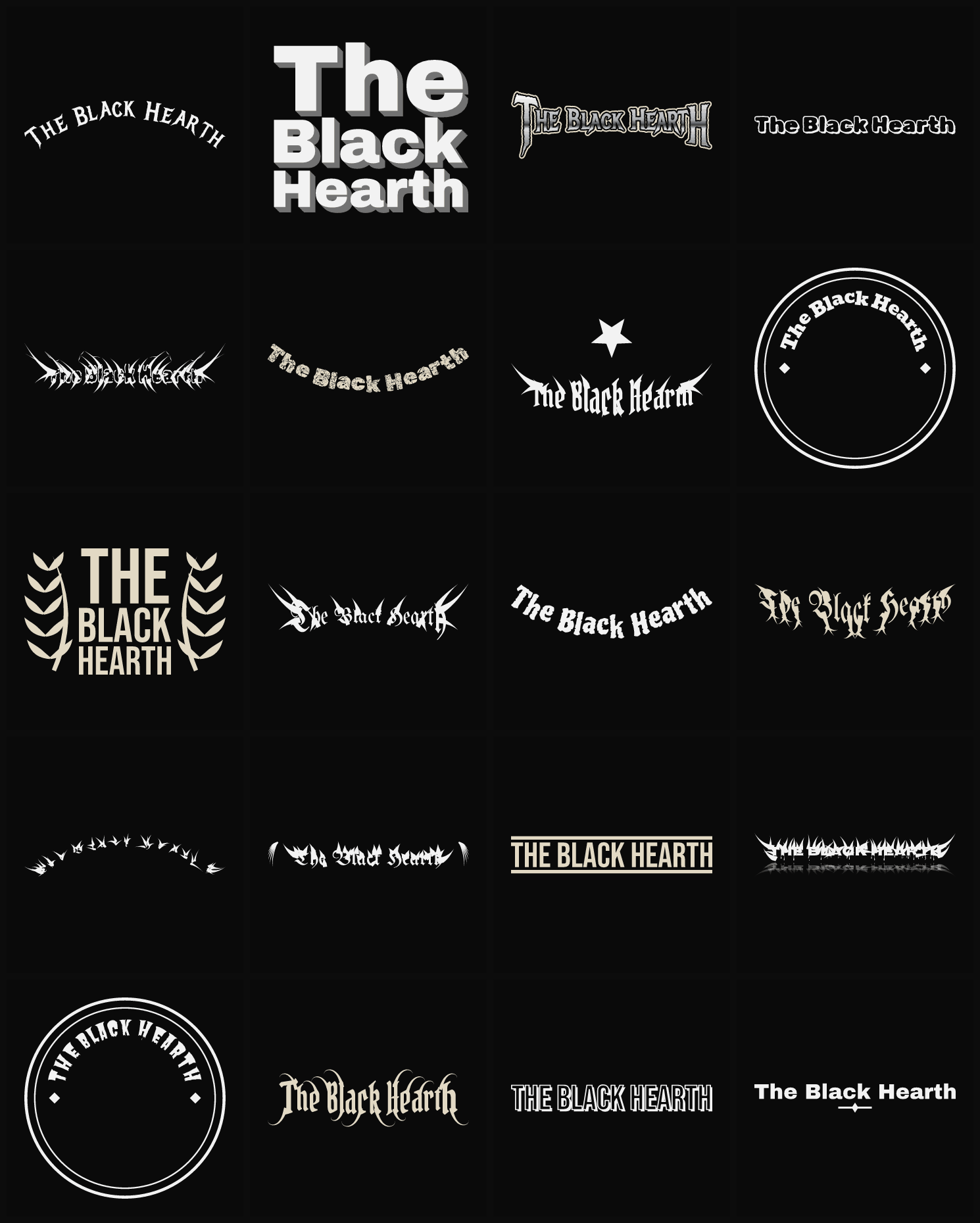 Twenty The Black Hearth band logo ideas — different faces, treatments and spike settings