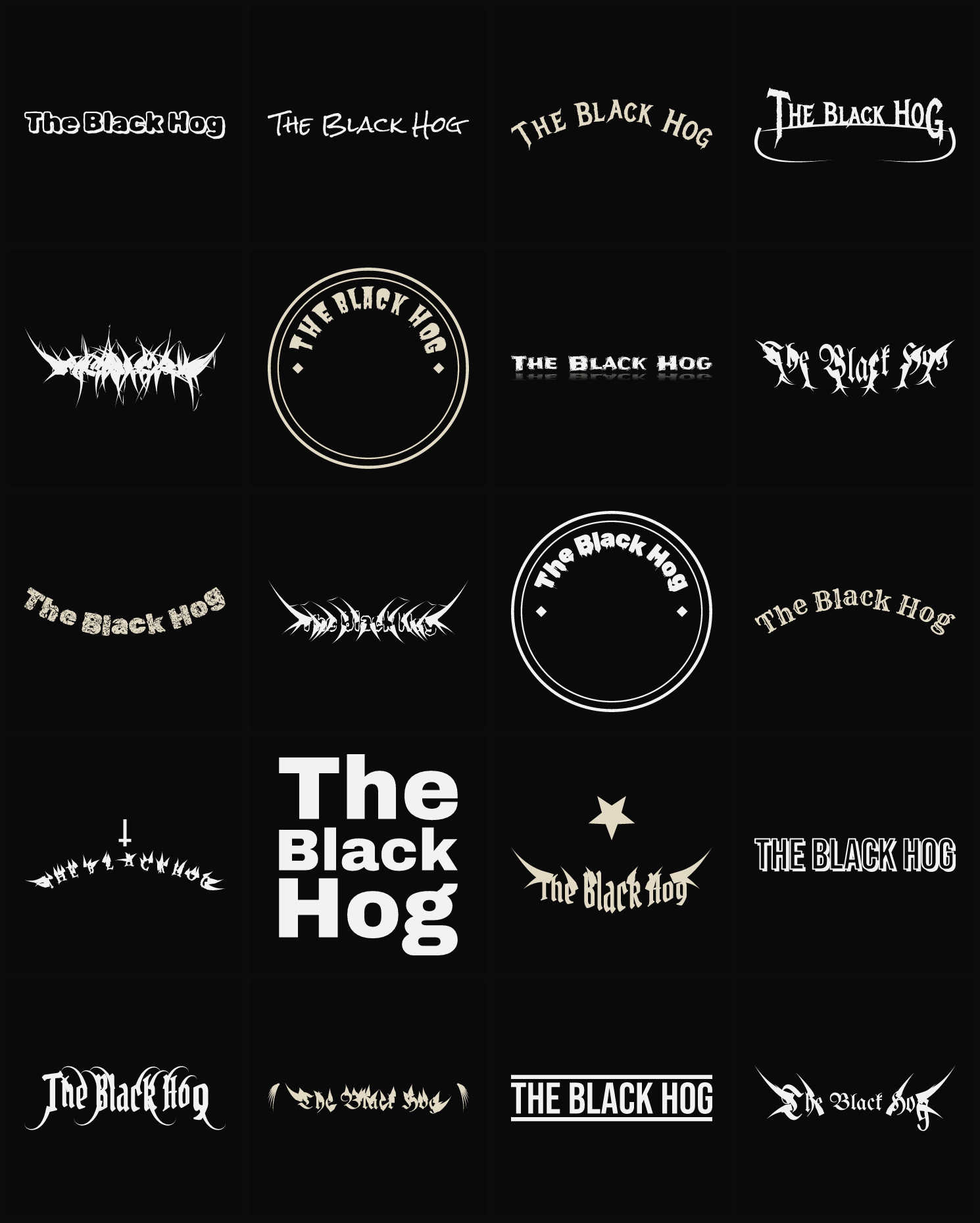 Twenty The Black Hog band logo ideas — different faces, treatments and spike settings