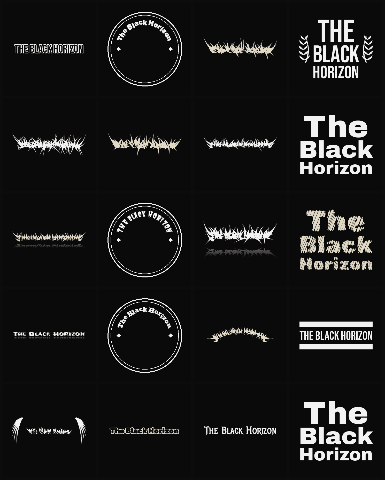 Twenty The Black Horizon band logo ideas — different faces, treatments and spike settings