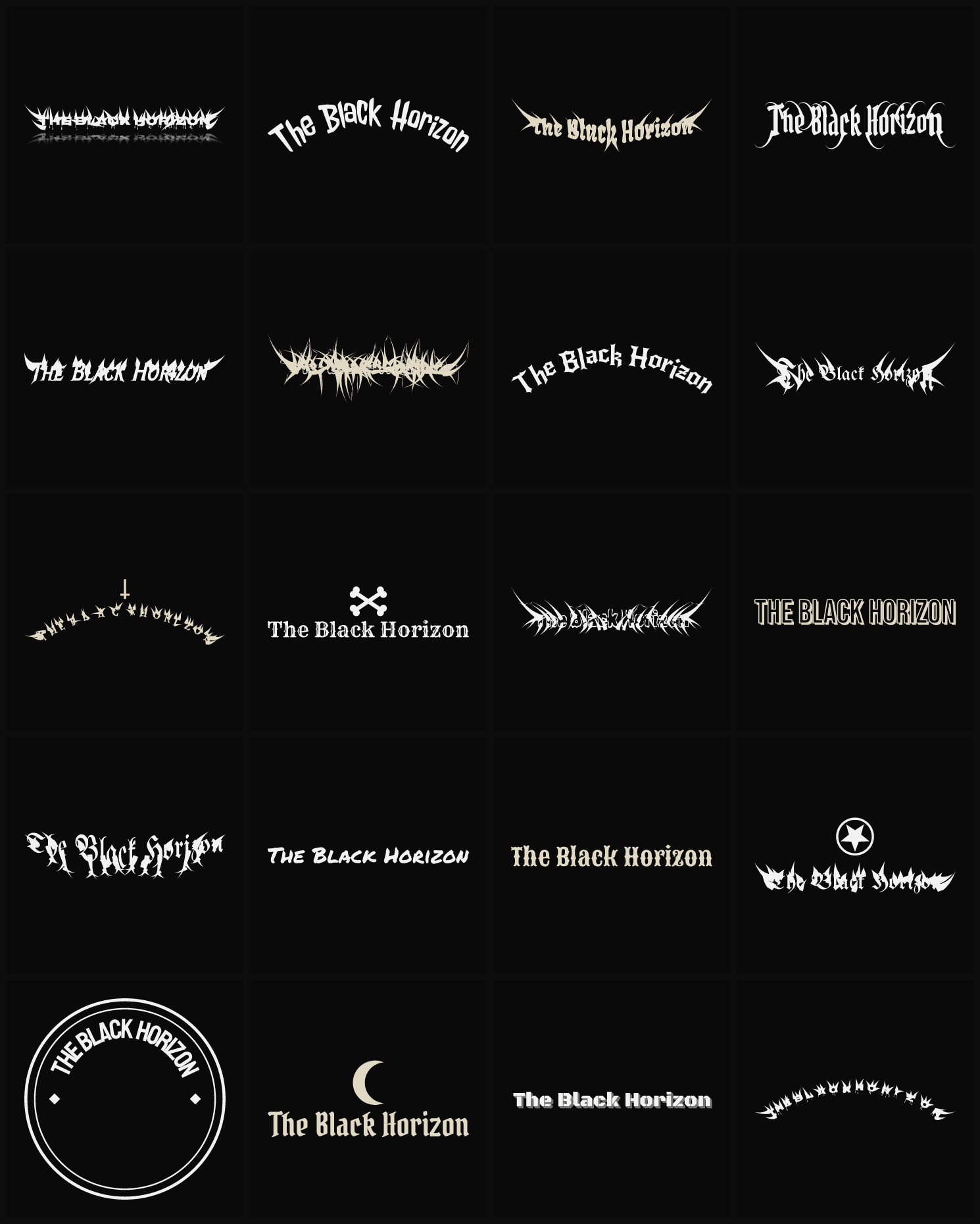 Twenty The Black Horizon band logo ideas — different faces, treatments and spike settings