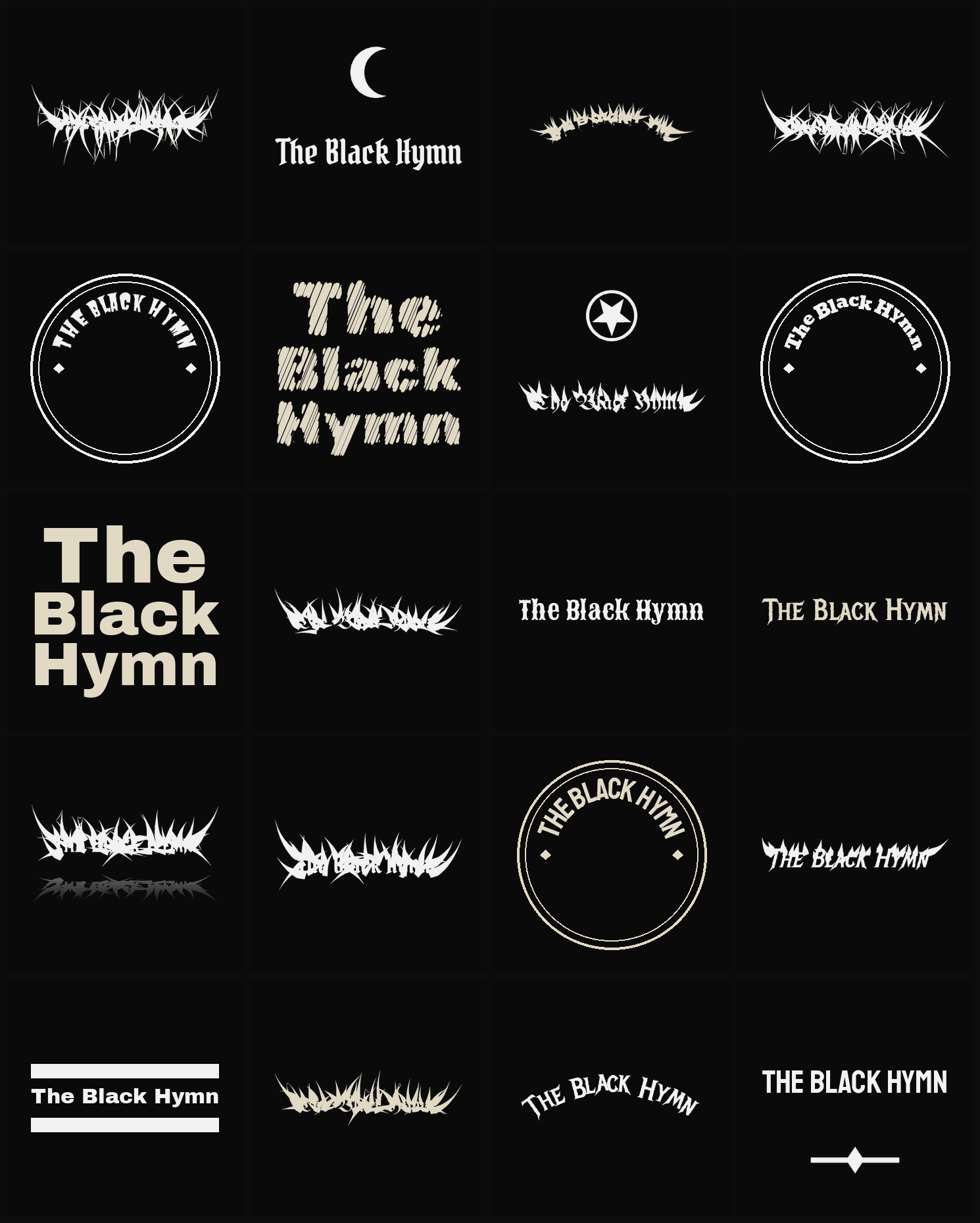 Twenty The Black Hymn band logo ideas — different faces, treatments and spike settings