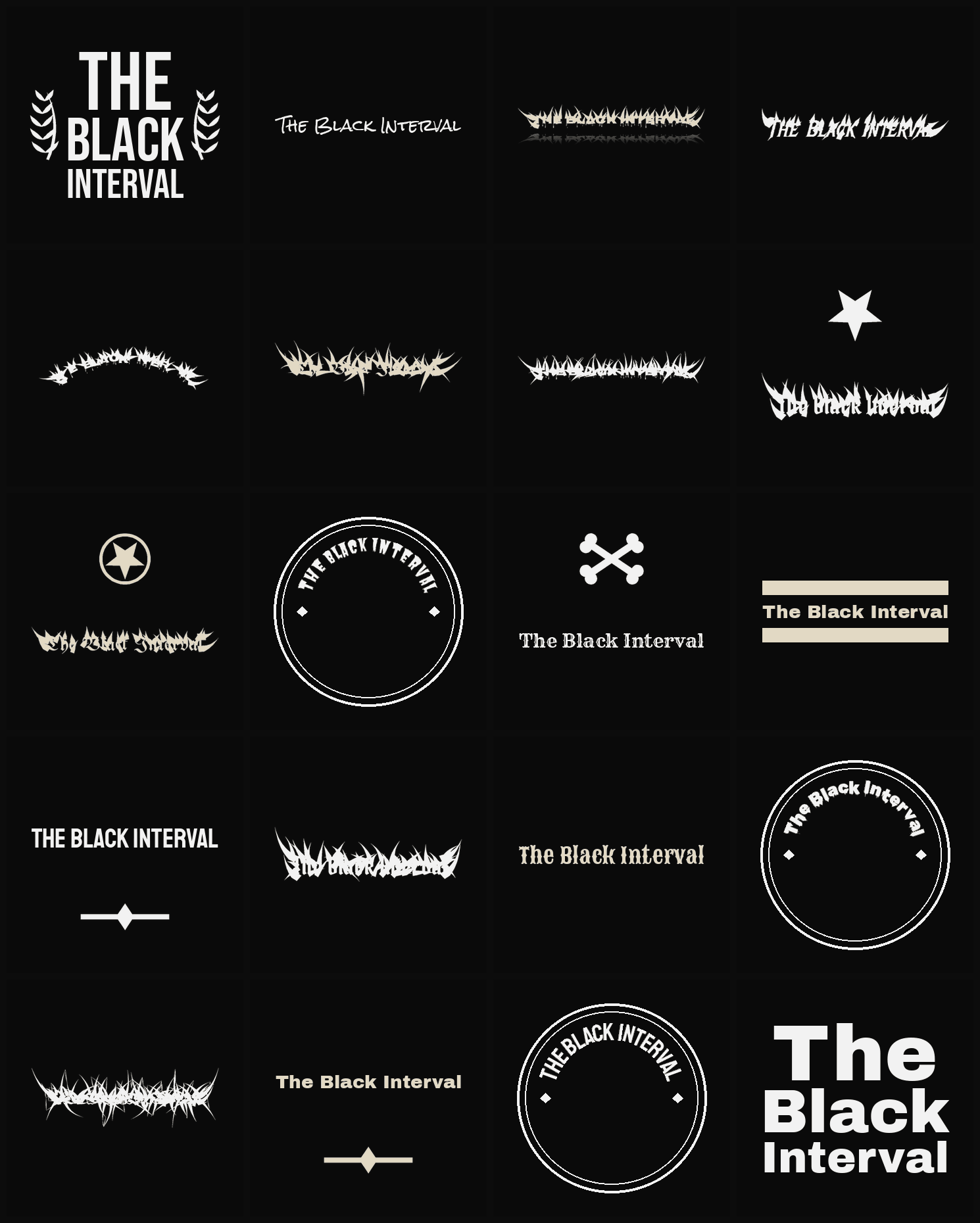 Twenty The Black Interval band logo ideas — different faces, treatments and spike settings