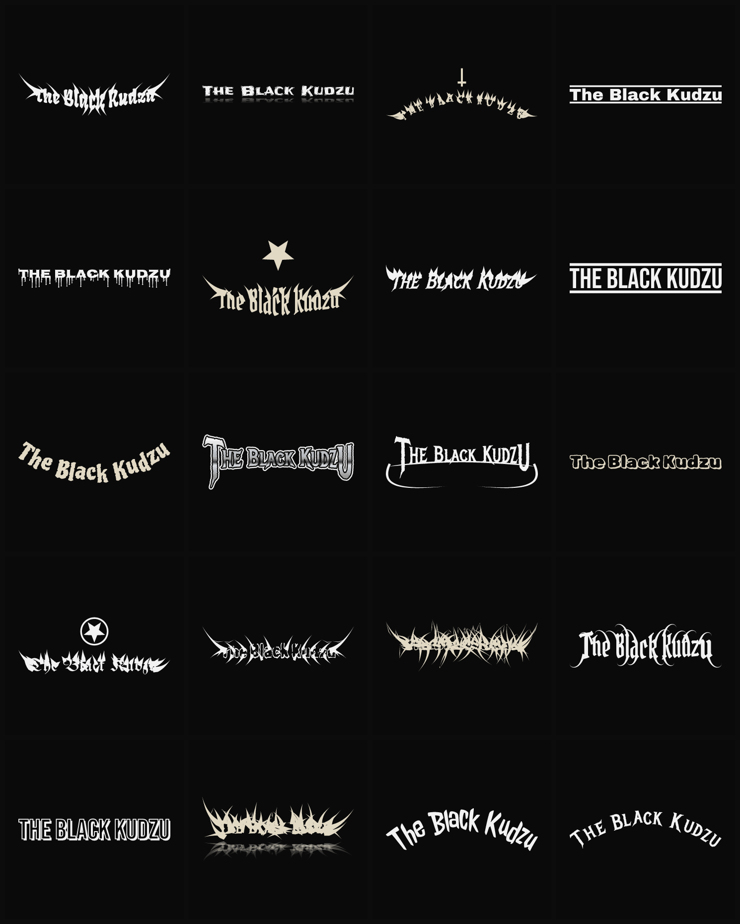 Twenty The Black Kudzu band logo ideas — different faces, treatments and spike settings