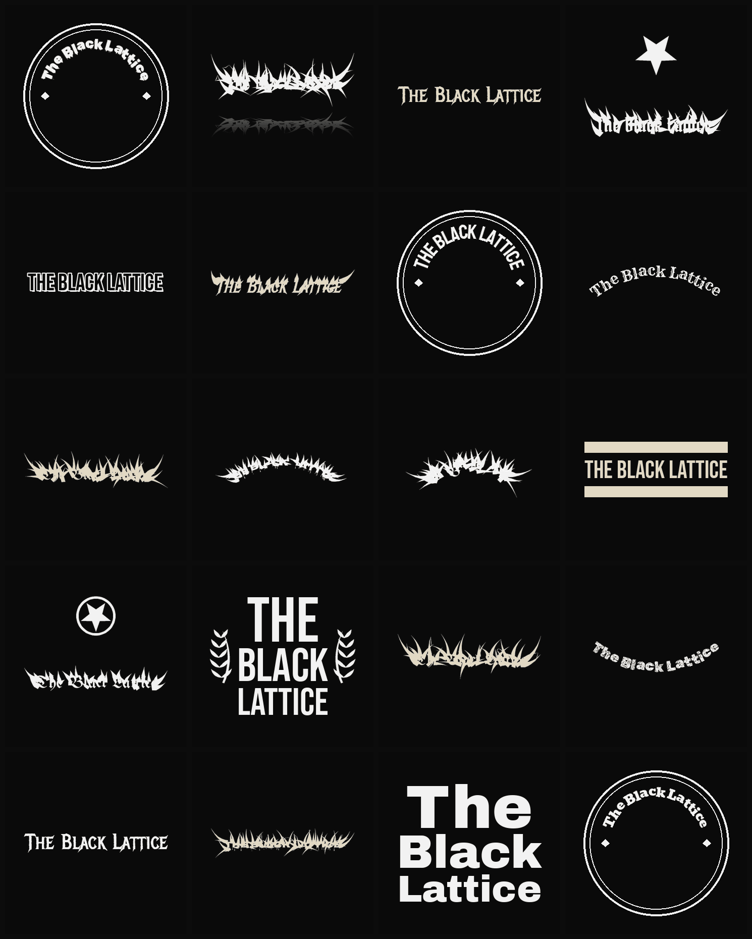 Twenty The Black Lattice band logo ideas — different faces, treatments and spike settings