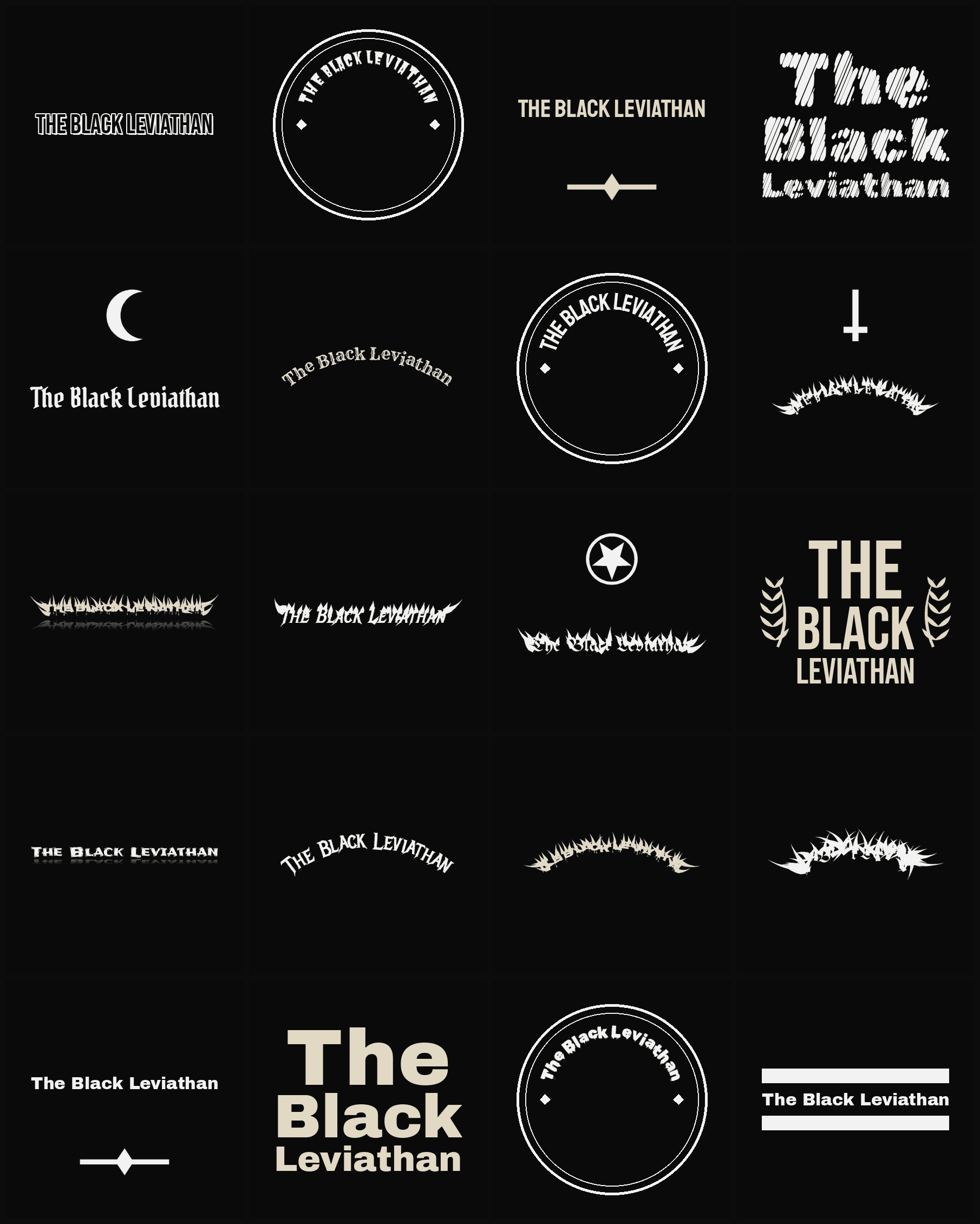 Twenty The Black Leviathan band logo ideas — different faces, treatments and spike settings