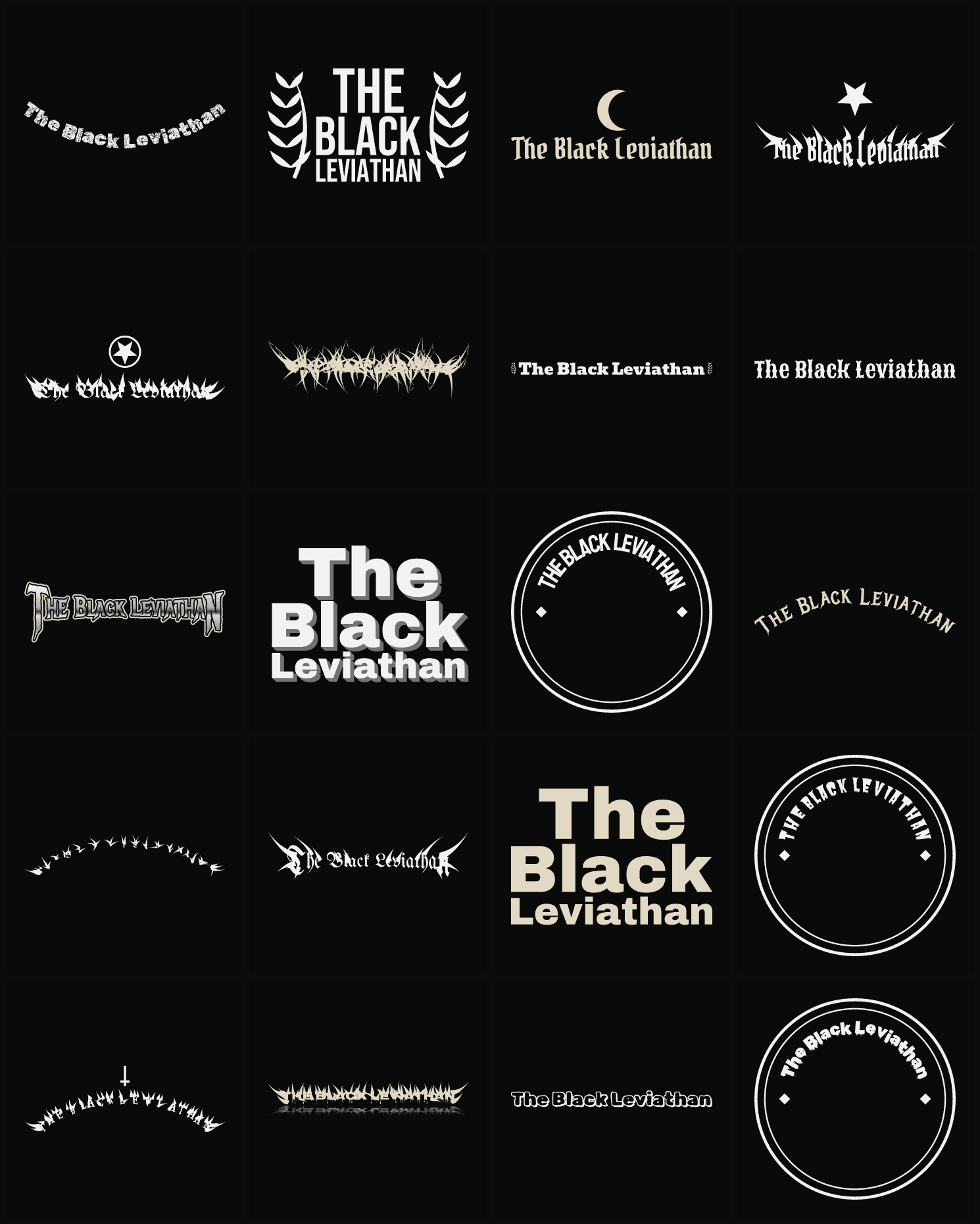 Twenty The Black Leviathan band logo ideas — different faces, treatments and spike settings