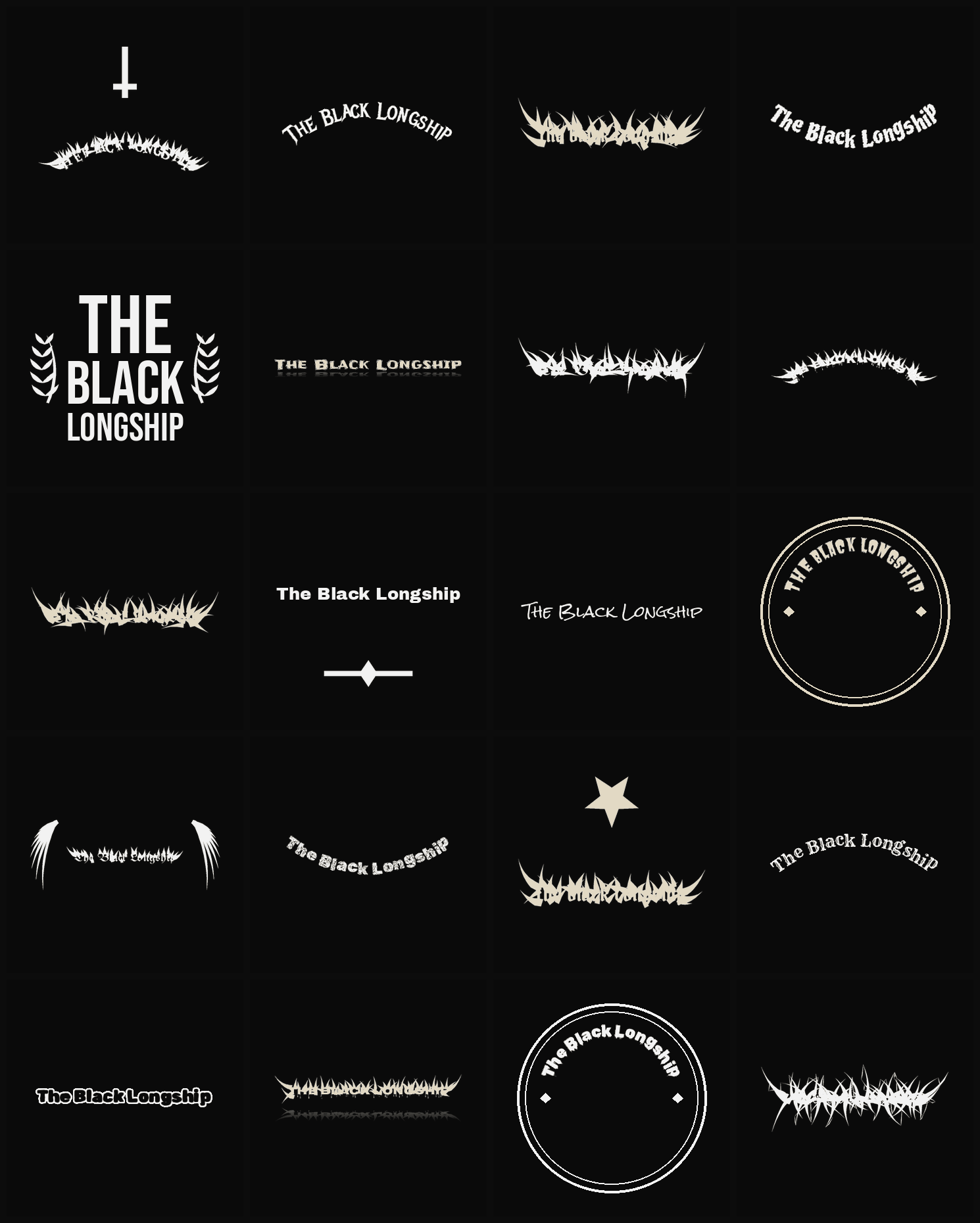 Twenty The Black Longship band logo ideas — different faces, treatments and spike settings