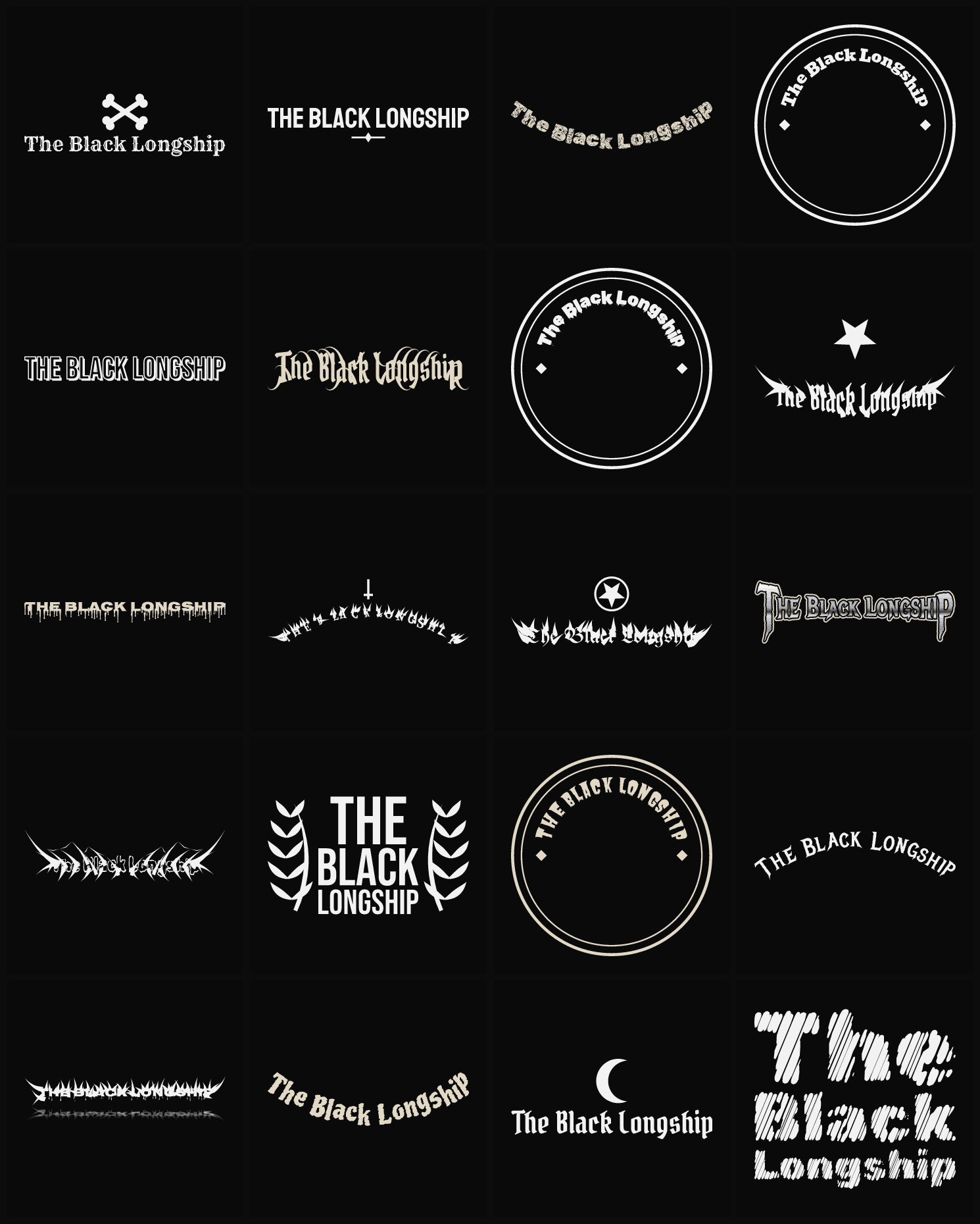 Twenty The Black Longship band logo ideas — different faces, treatments and spike settings