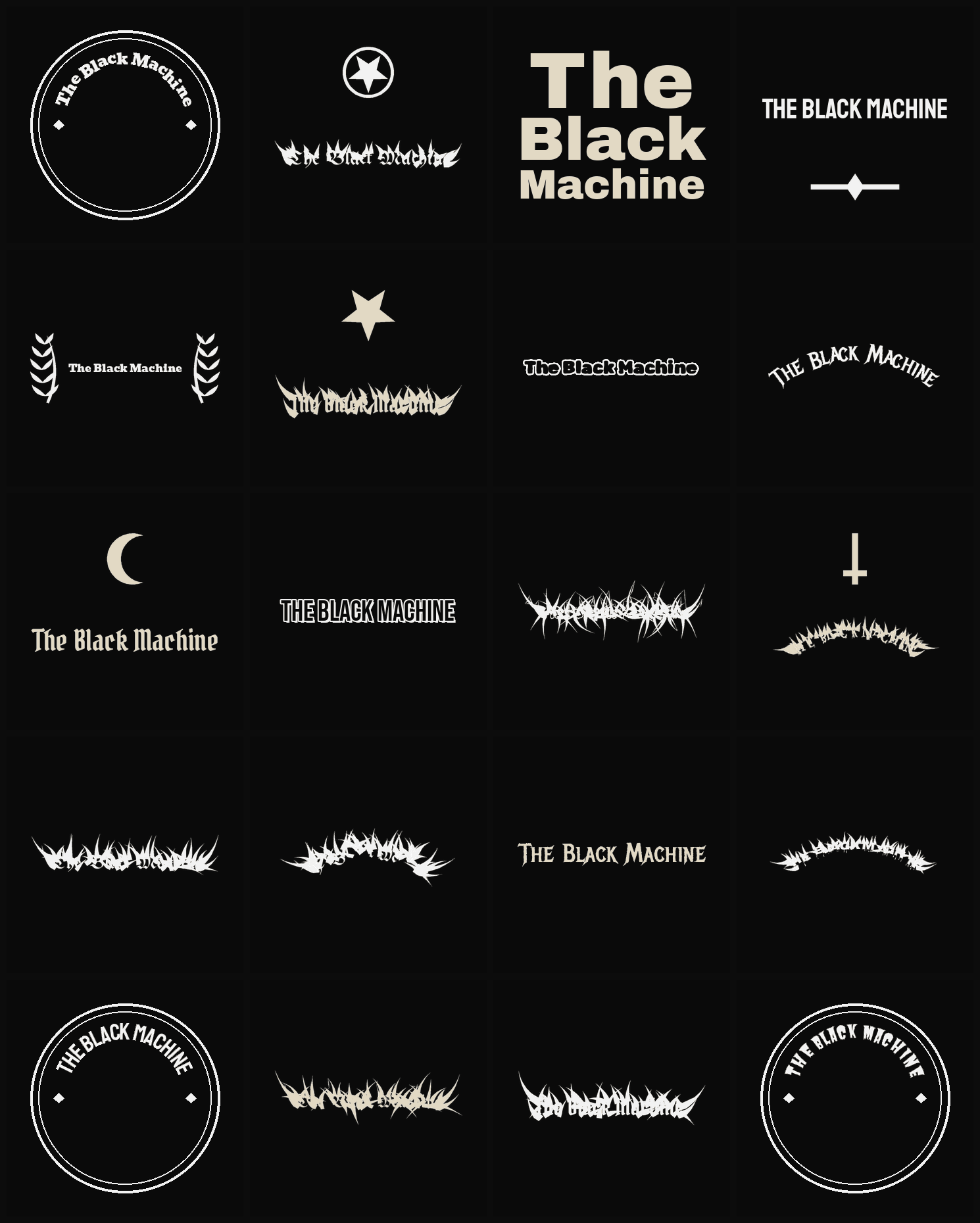 Twenty The Black Machine band logo ideas — different faces, treatments and spike settings